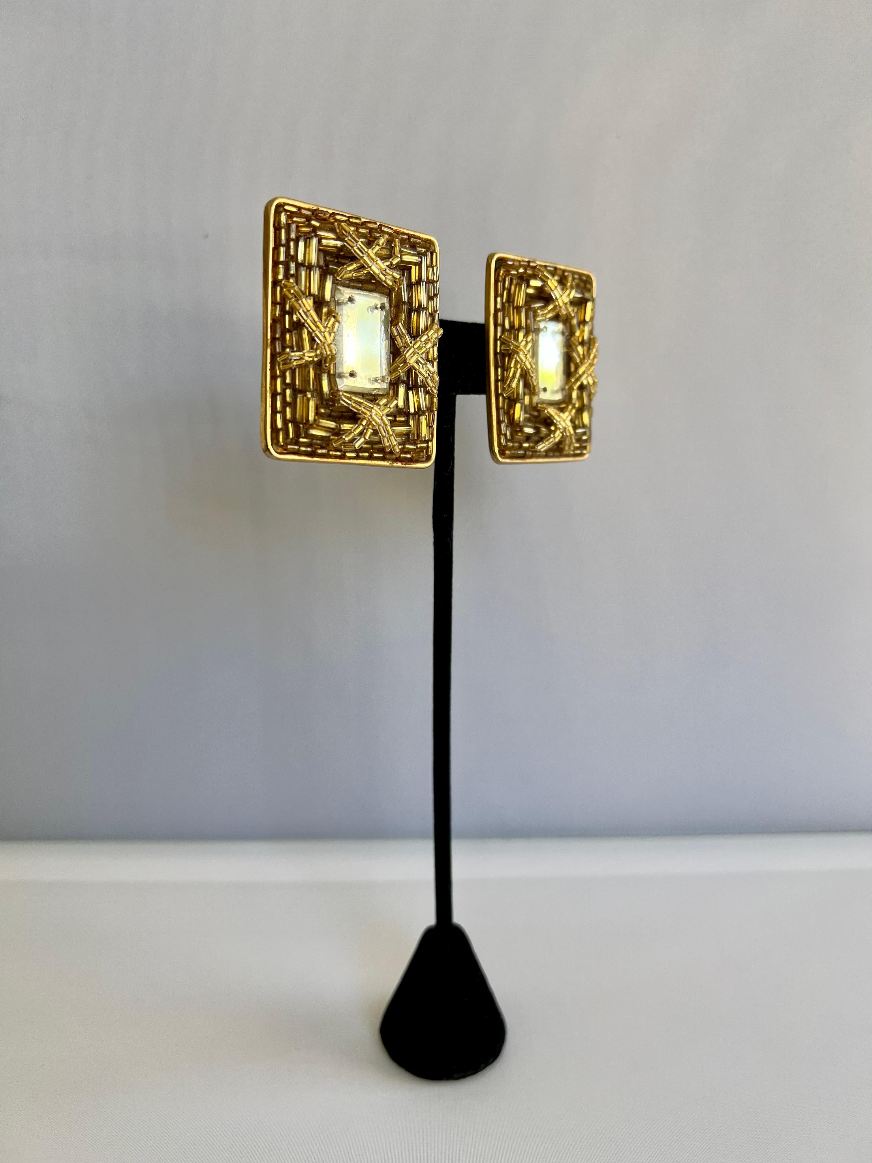Vintage French Beaded Gold Mirror Lesage Paris Earrings  In Fair Condition For Sale In Palm Springs, CA