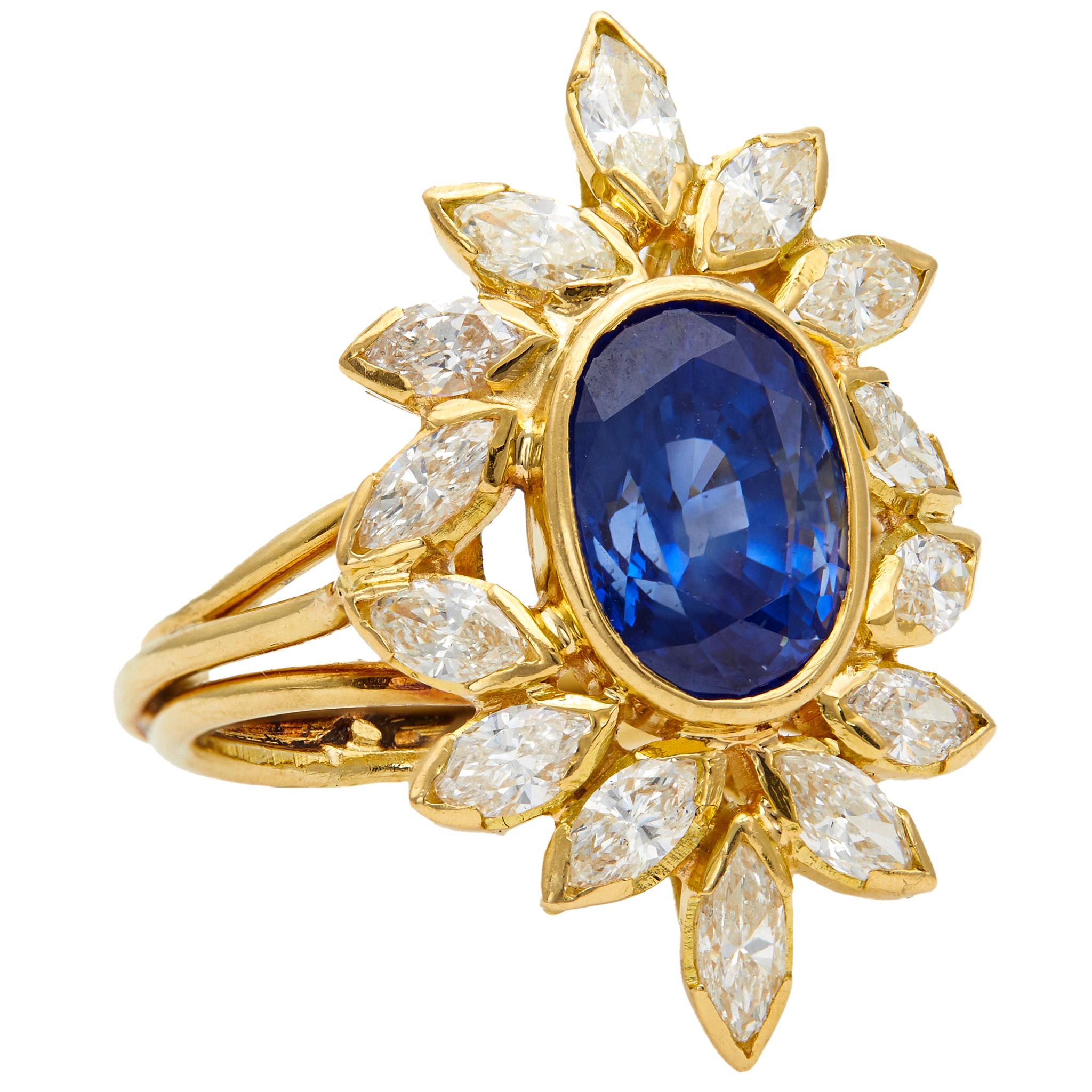 Vintage French Bellerophon 3.94 Carat Ceylon Sapphire Diamond 18k Gold Ring In Good Condition In Beverly Hills, CA