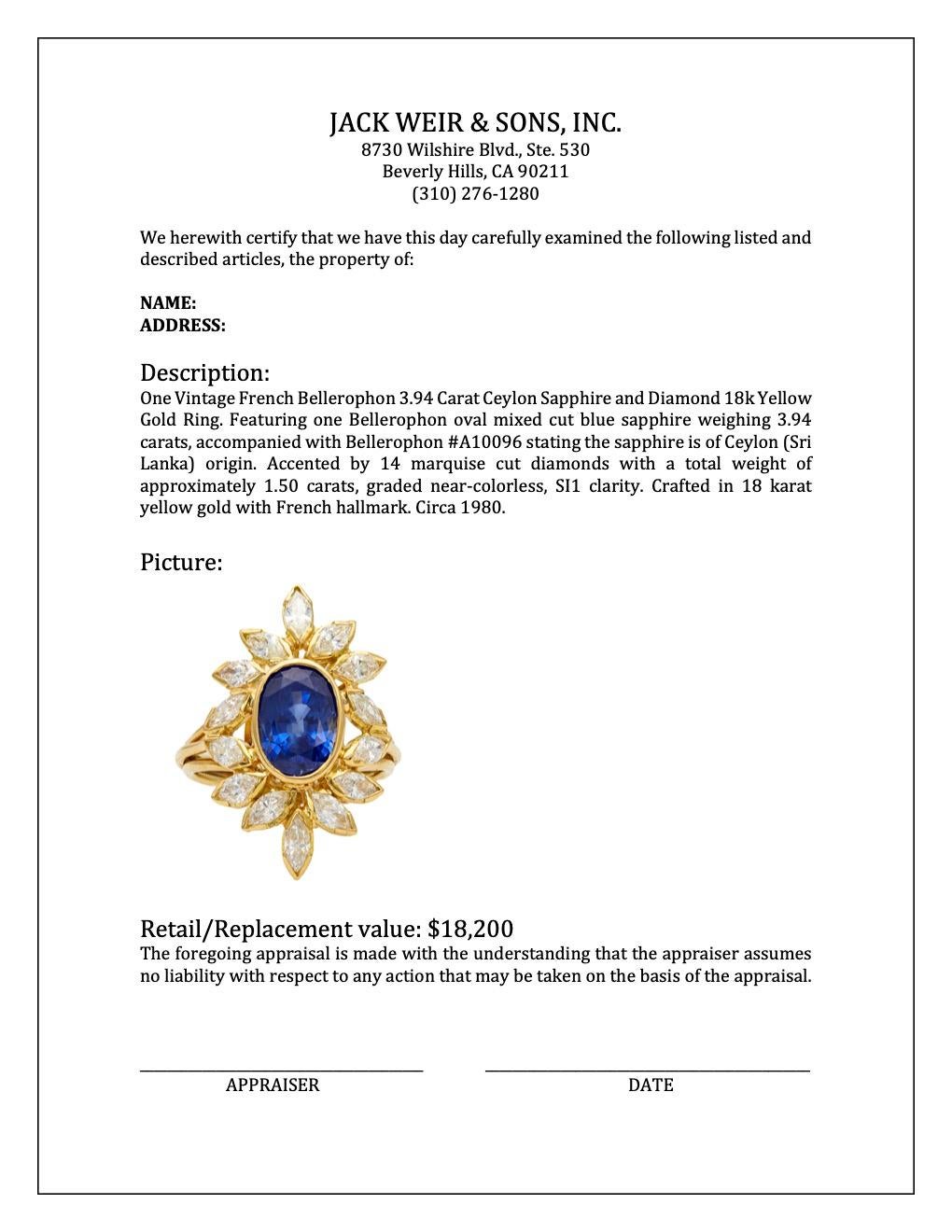 Vintage French Bellerophon 3.94 Carat Ceylon Sapphire Diamond 18k Gold Ring 2