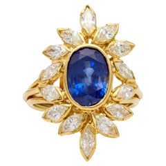Vintage French Bellerophon 3.94 Carat Ceylon Sapphire Diamond 18k Gold Ring