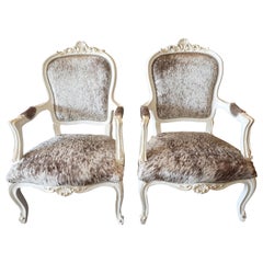 Vintage French Bergère Cowhide Upholstered Chairs, Pair