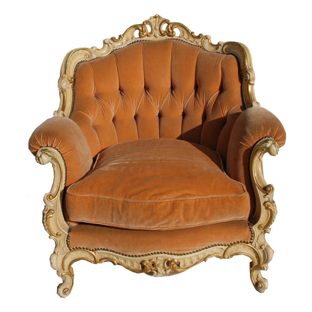 Vintage French bergère lounge/ armchair in orange mohair

Large, comfortable lounge chair with ornate gilted detailing throughout. Has buttons on back, nailhead trim, and scroll foot legs.