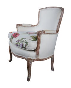Vintage French Bergere White Washed Oak Library Club Arm Chair Botanical Fabric