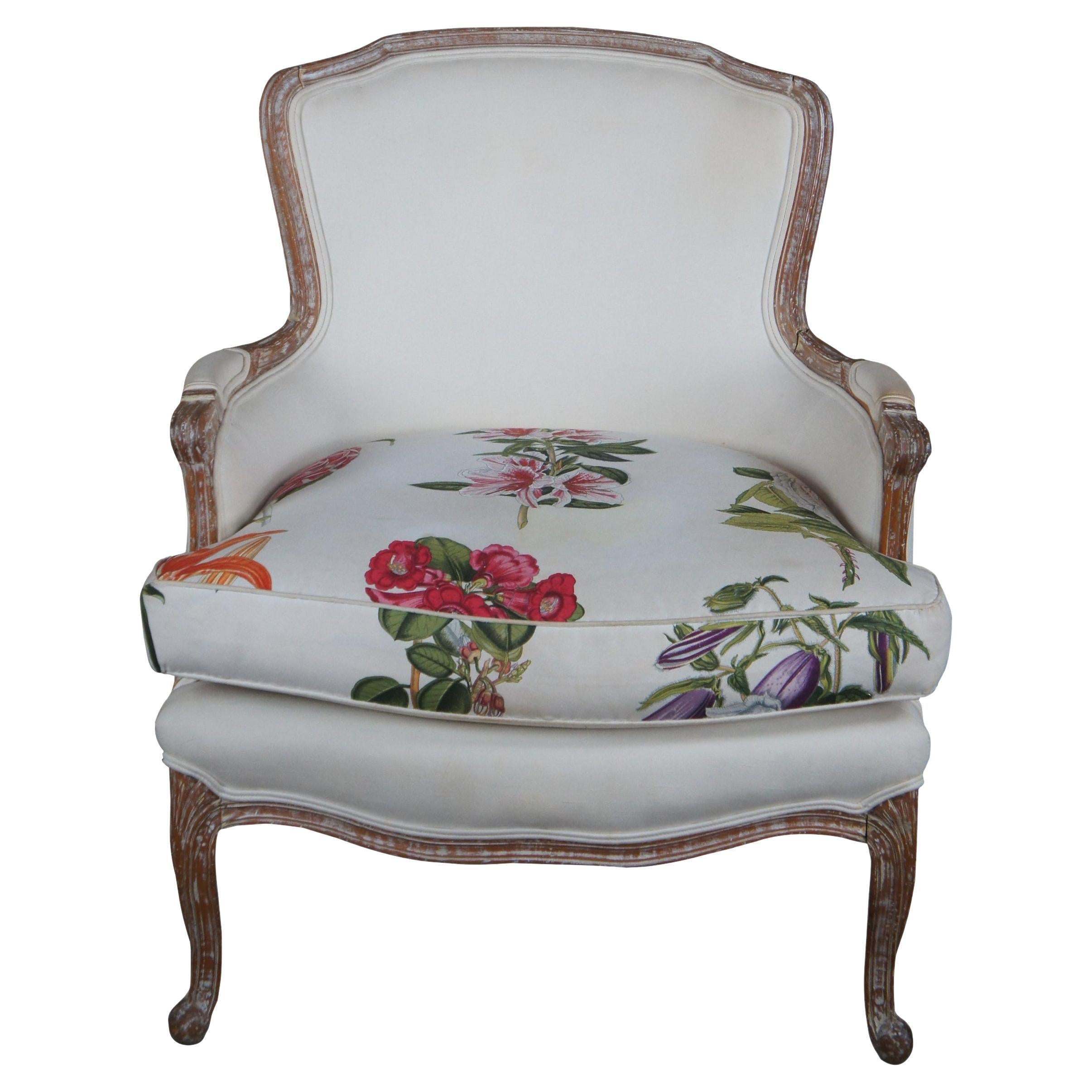 Vintage French Bergere White Washed Oak Library Club Arm Chair Botanical Fabric