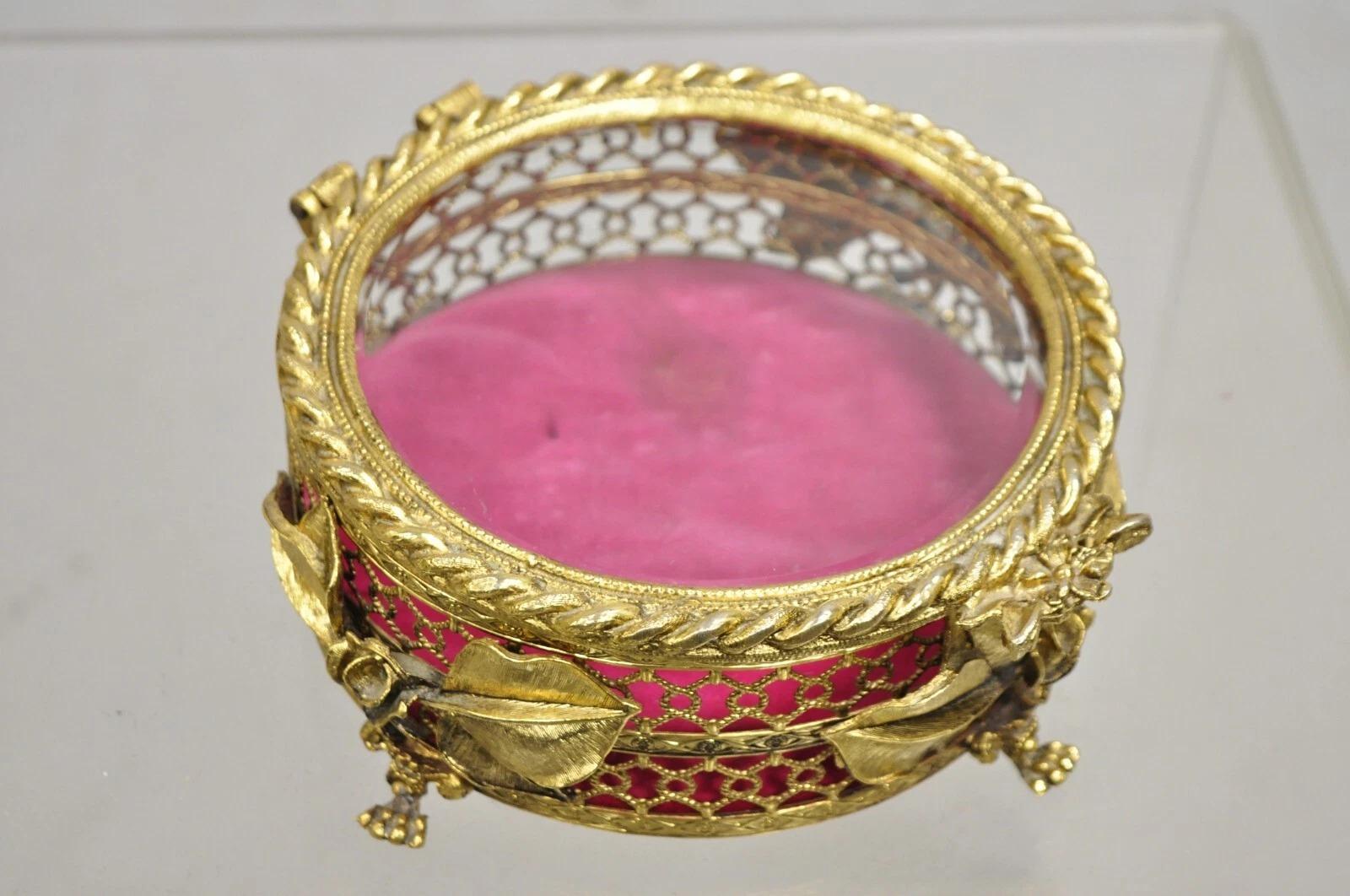 Vintage French Beveled Glass Gold Filigree Round Casket Jewelry Trinket Box For Sale 4