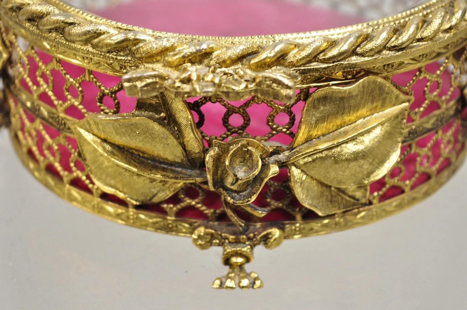 Hollywood Regency Vintage French Beveled Glass Gold Filigree Round Casket Jewelry Trinket Box For Sale
