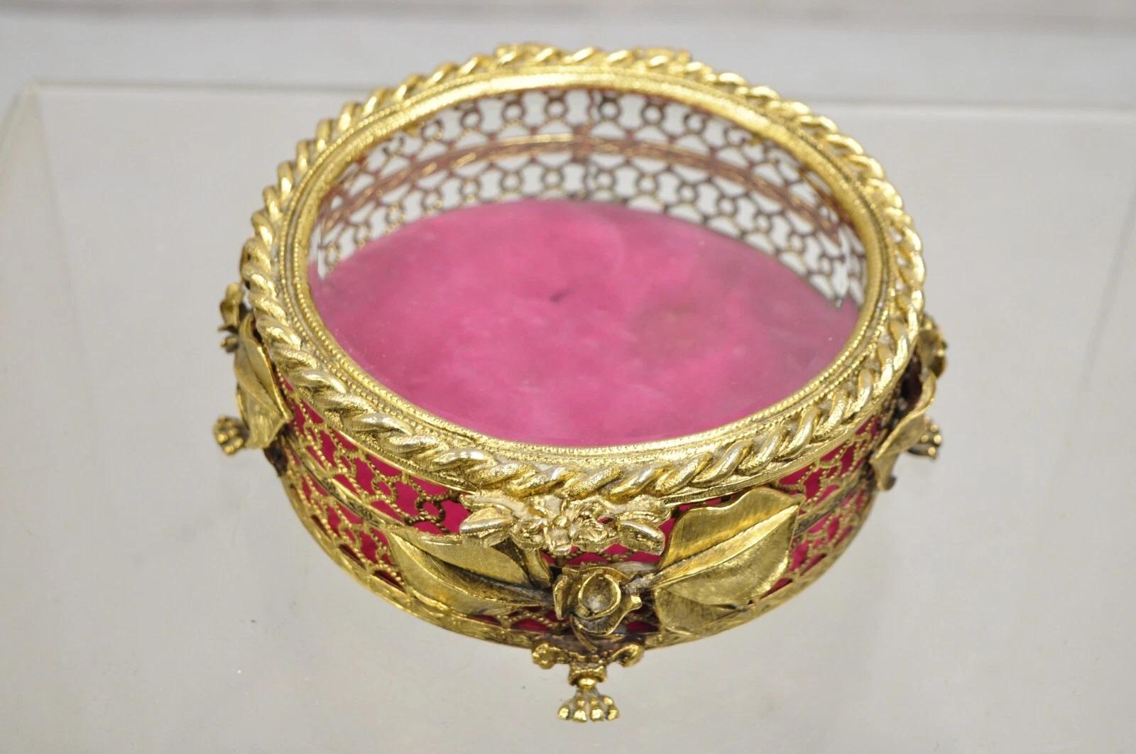 Unknown Vintage French Beveled Glass Gold Filigree Round Casket Jewelry Trinket Box For Sale