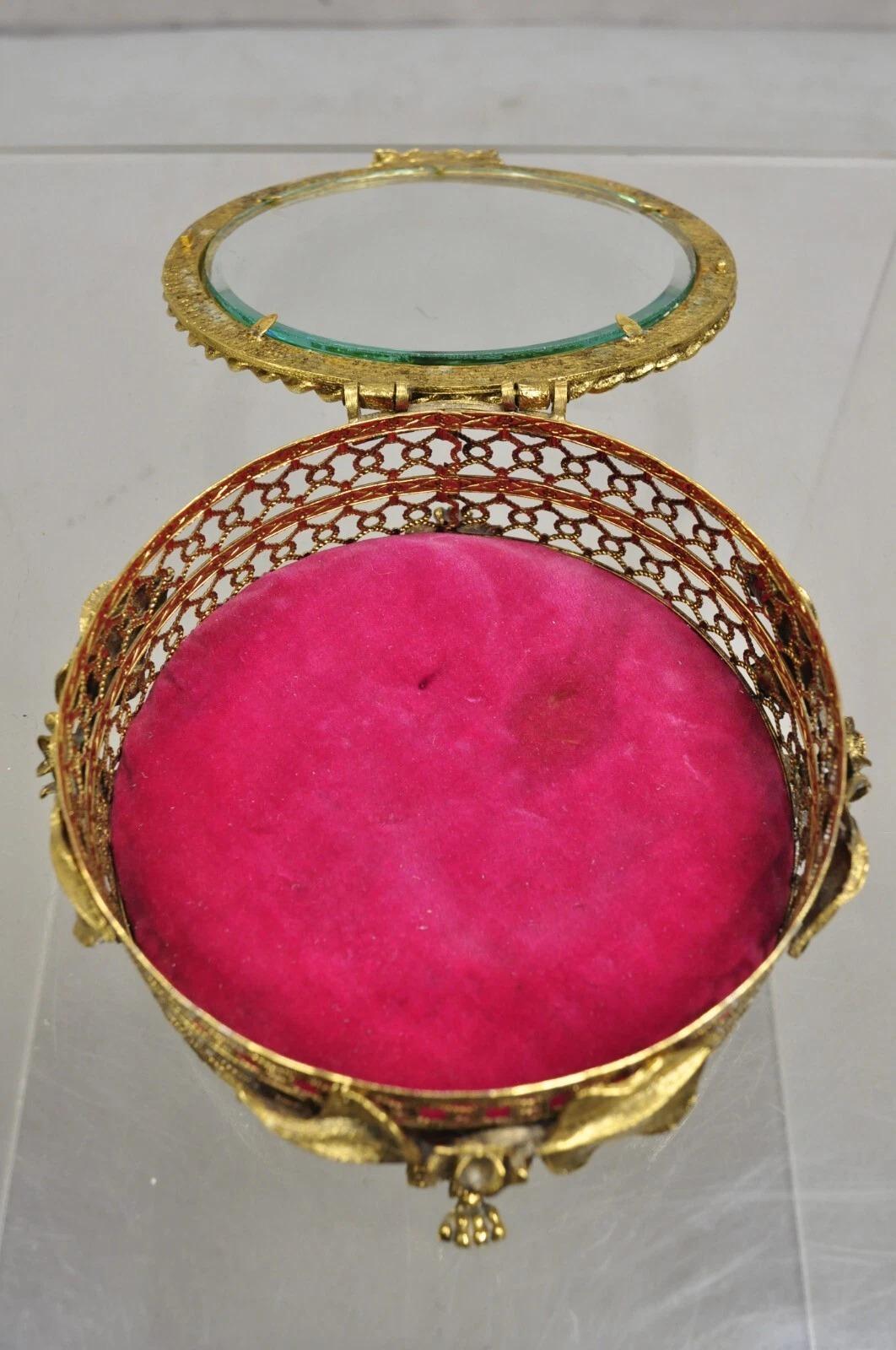 Metal Vintage French Beveled Glass Gold Filigree Round Casket Jewelry Trinket Box For Sale