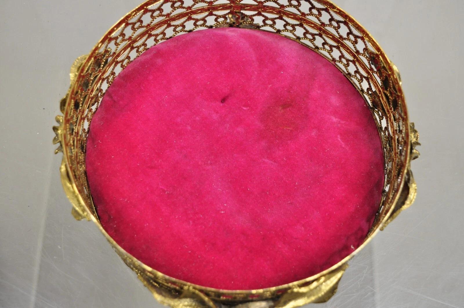 Vintage French Beveled Glass Gold Filigree Round Casket Jewelry Trinket Box For Sale 1