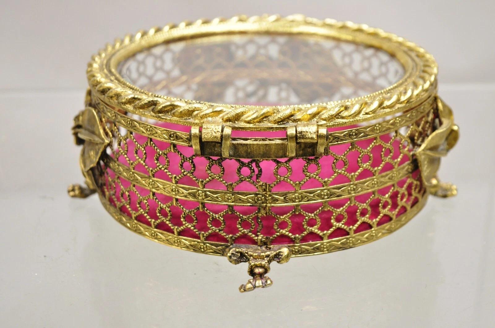 Vintage French Beveled Glass Gold Filigree Round Casket Jewelry Trinket Box For Sale 2
