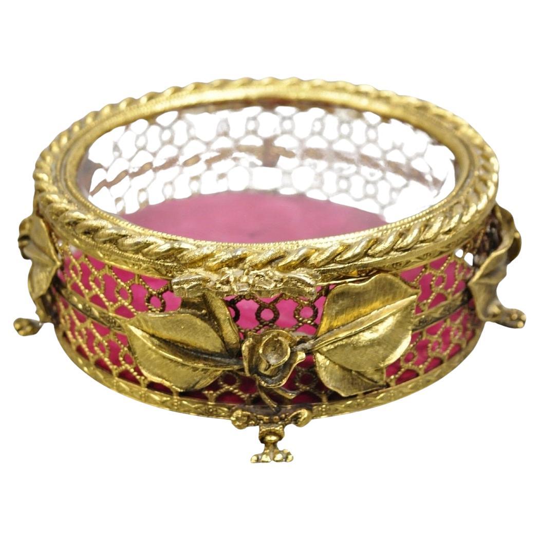 Vintage French Beveled Glass Gold Filigree Round Casket Jewelry Trinket Box