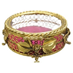 Vintage French Beveled Glass Gold Filigree Round Casket Jewelry Trinket Box