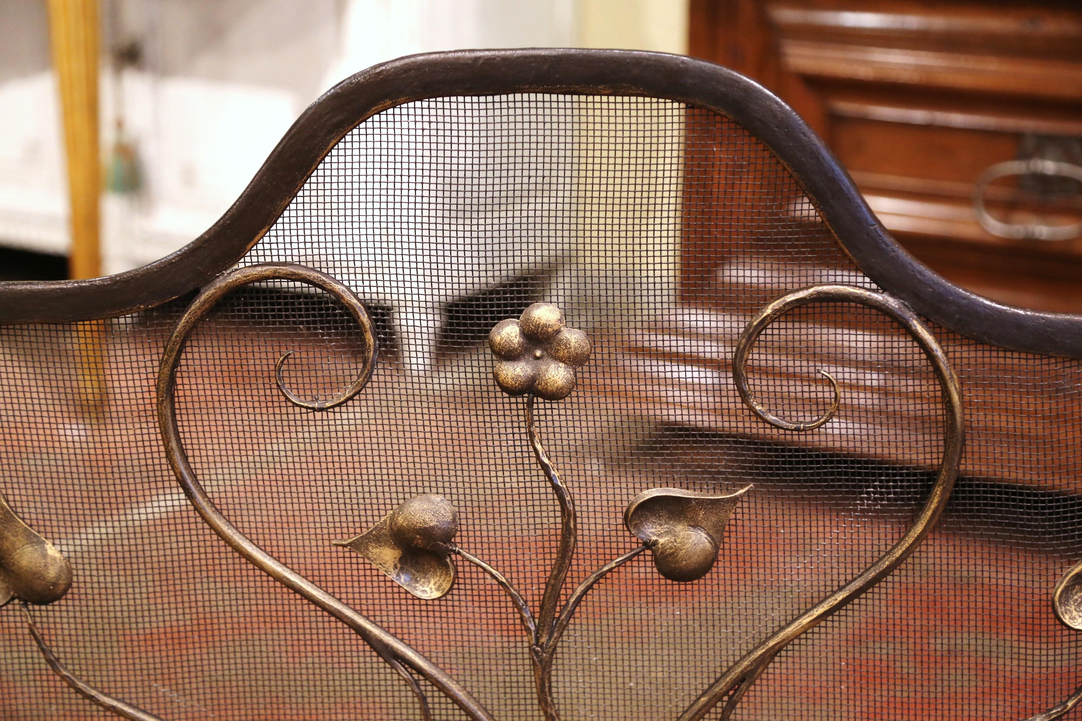 20th Century Vintage French Black and Gilt Wrought Iron Fireplace Screen with Protective Mesh