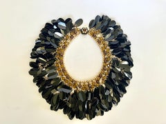 Vintage French Black and Gold Beaded Chain Bib Statement Necklace