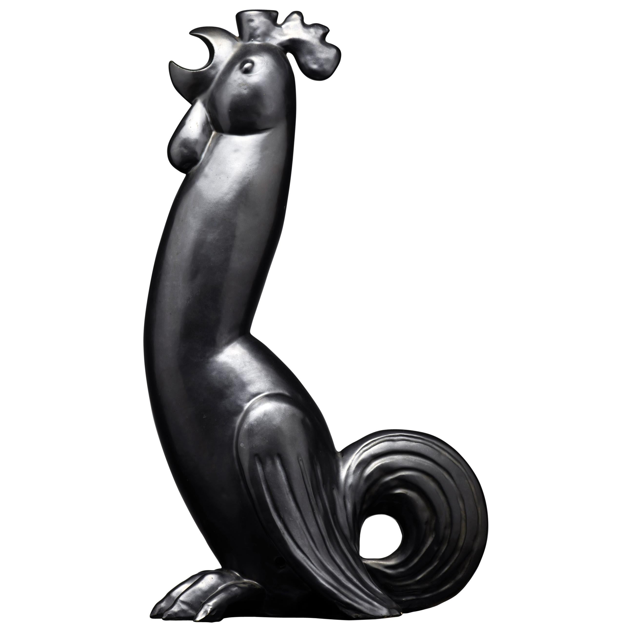 Vintage French Black Ceramic Rooster Lamp in the Style of Georges Jouve