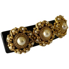 Vintage French Black Galith Gold Pearl Hair Barrette "hair clip"