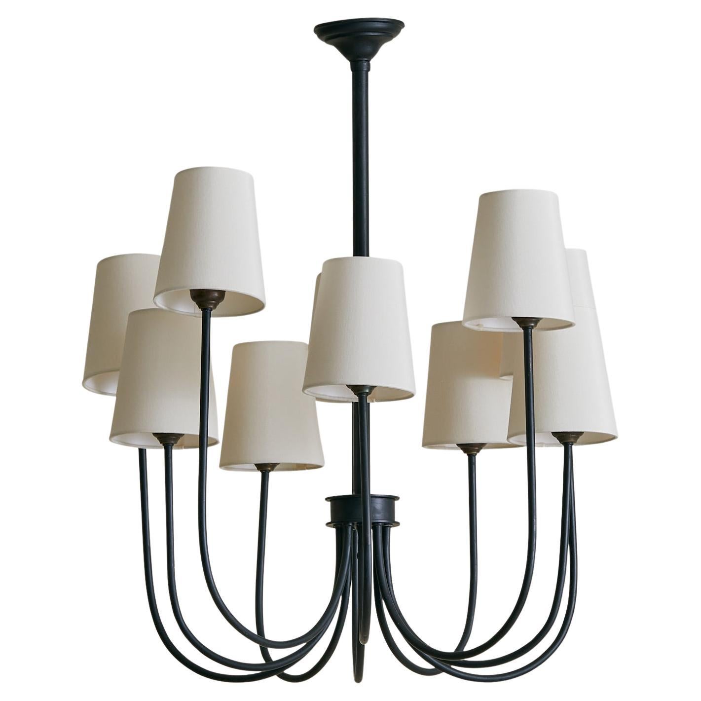 Vintage French Black Iron 10-Arm Chandelier with Shades