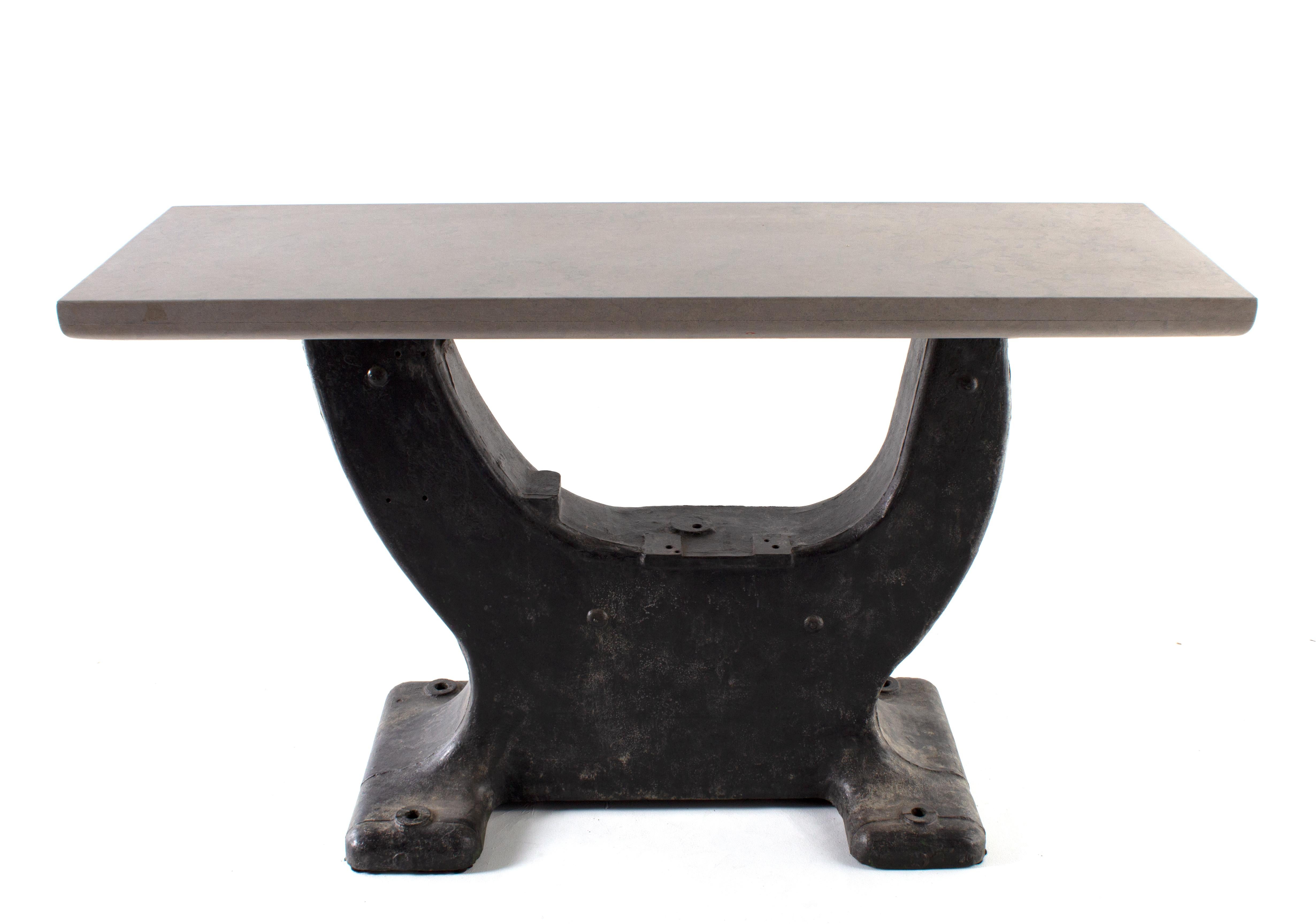 Vintage French Black Iron Machine Base with Lagos Azul Top In Good Condition In Dallas, TX