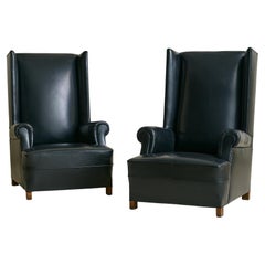 Vintage French Black Leather High-Back Club Chair with Wooden Legs - 2 Available