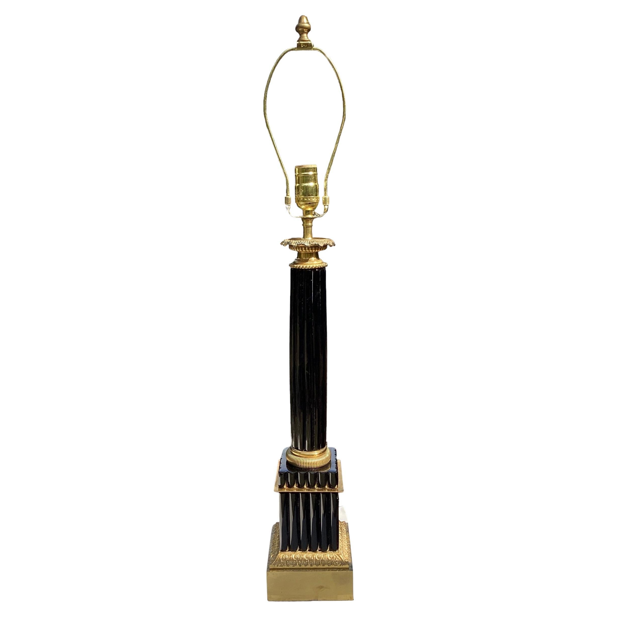 Vintage French Black Opaline Reeded Column Lamp For Sale