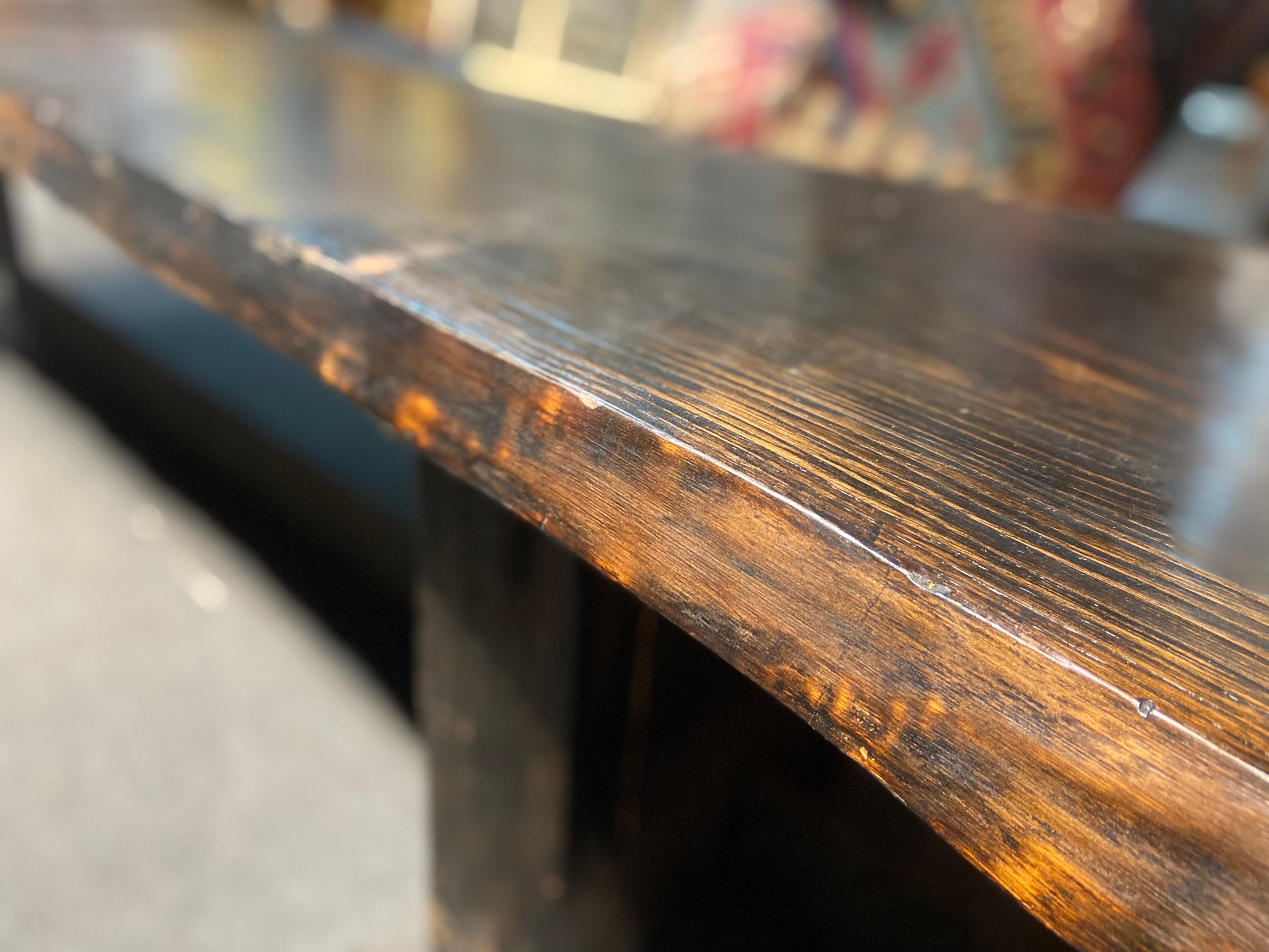 Vintage French Black Wooden Bench Raised on Metal Feet Brutalist Period For Sale 5