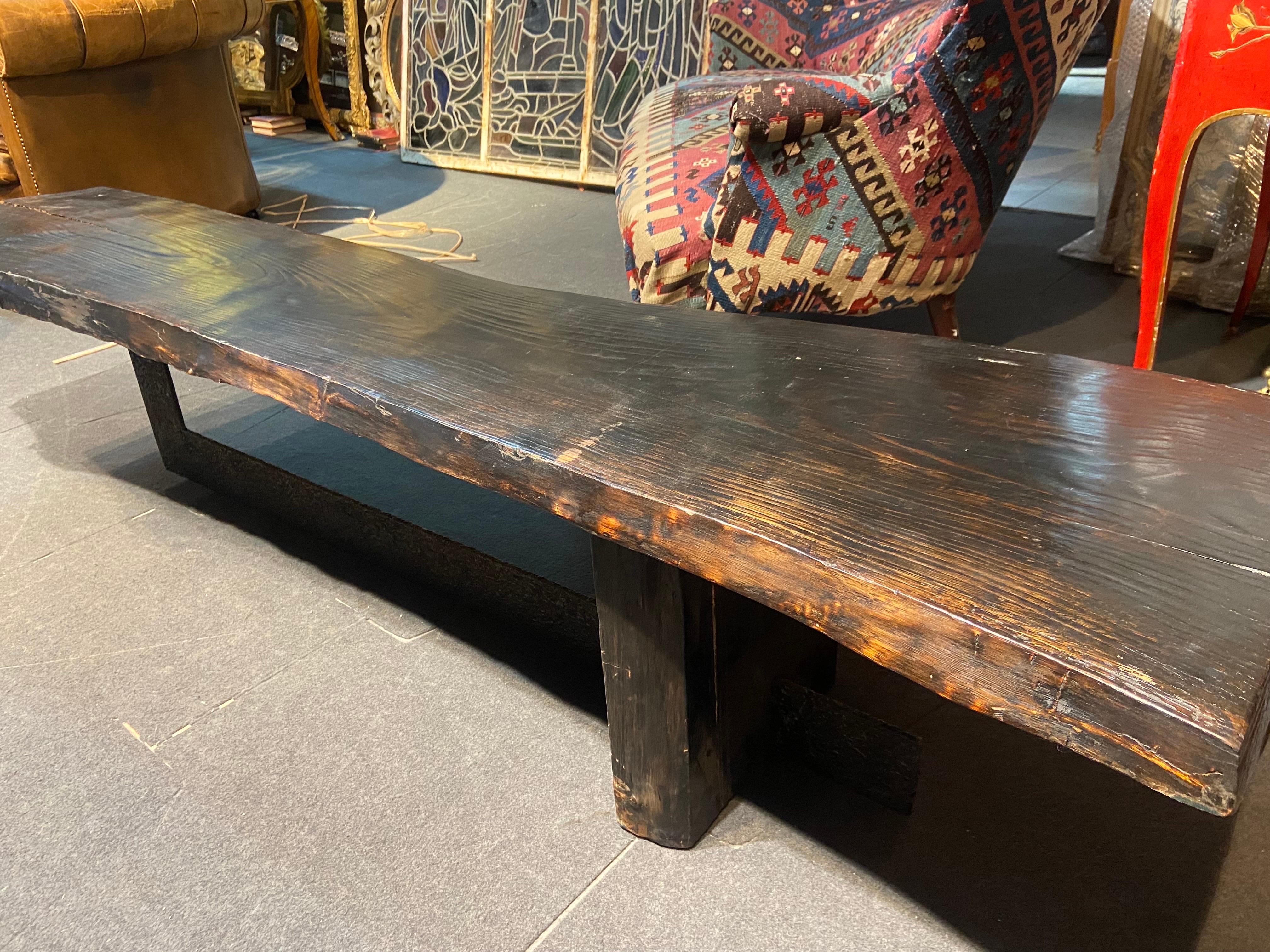 Vintage French Black Wooden Bench Raised on Metal Feet Brutalist Period For Sale 6