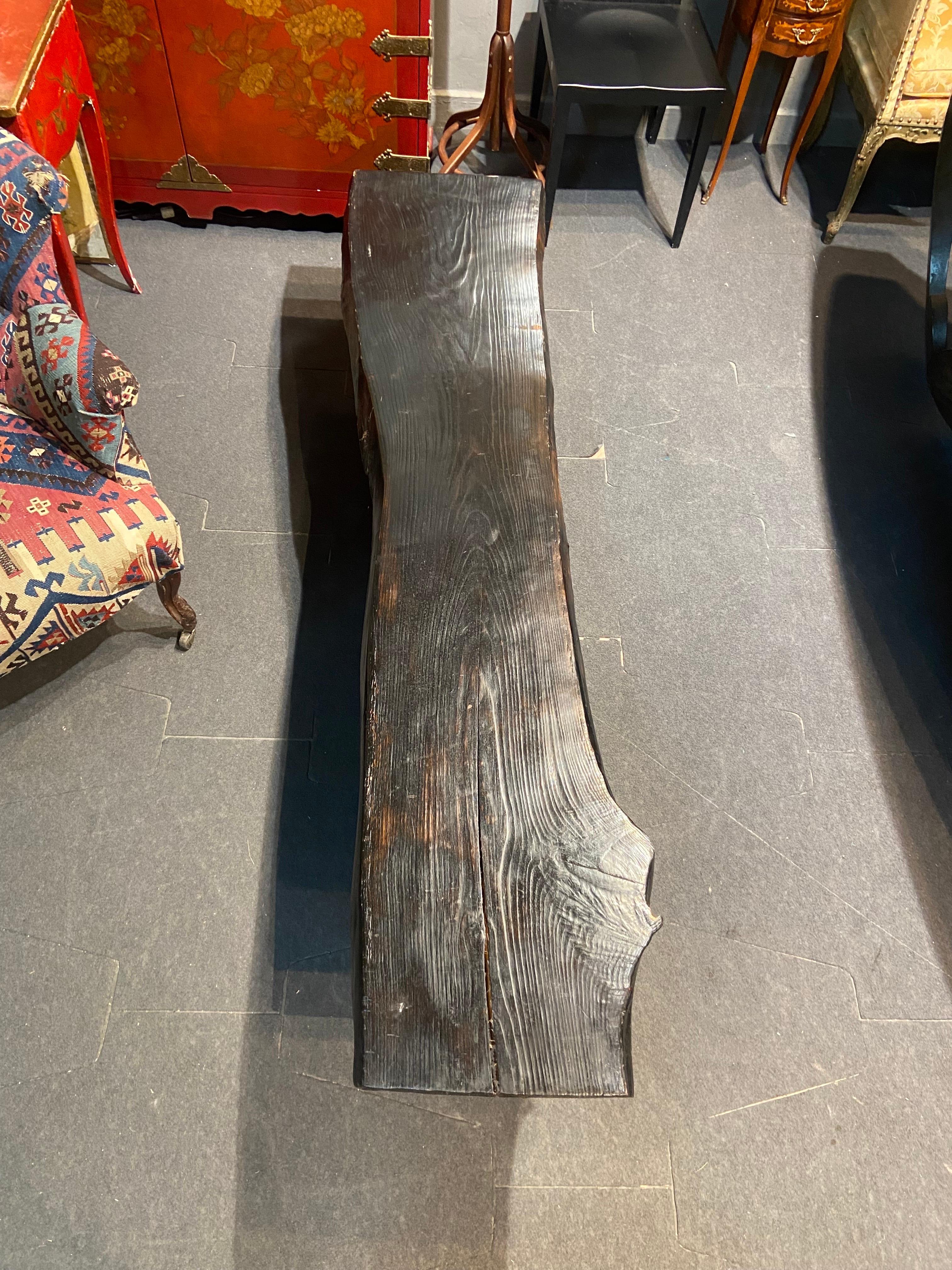 Vintage French Black Wooden Bench Raised on Metal Feet Brutalist Period For Sale 7