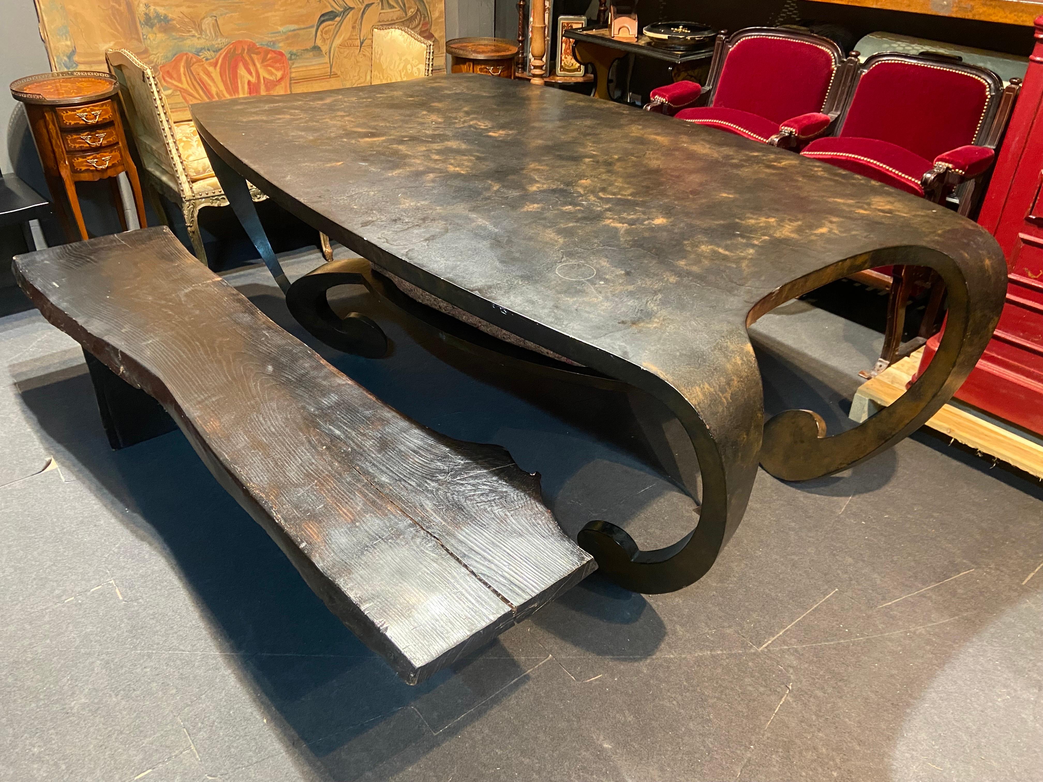 Vintage French Black Wooden Bench Raised on Metal Feet Brutalist Period For Sale 9