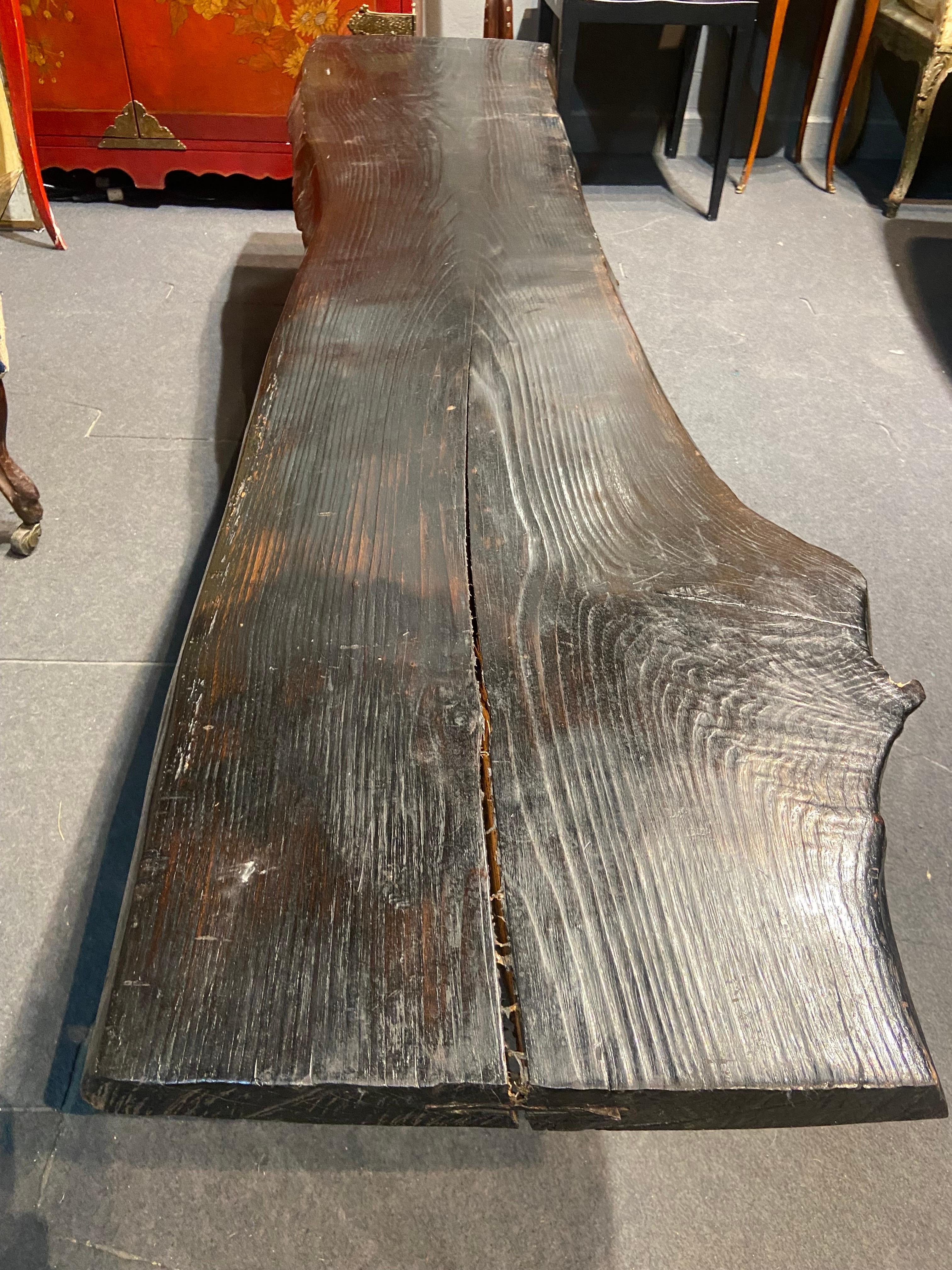 Vintage French Black Wooden Bench Raised on Metal Feet Brutalist Period For Sale 4