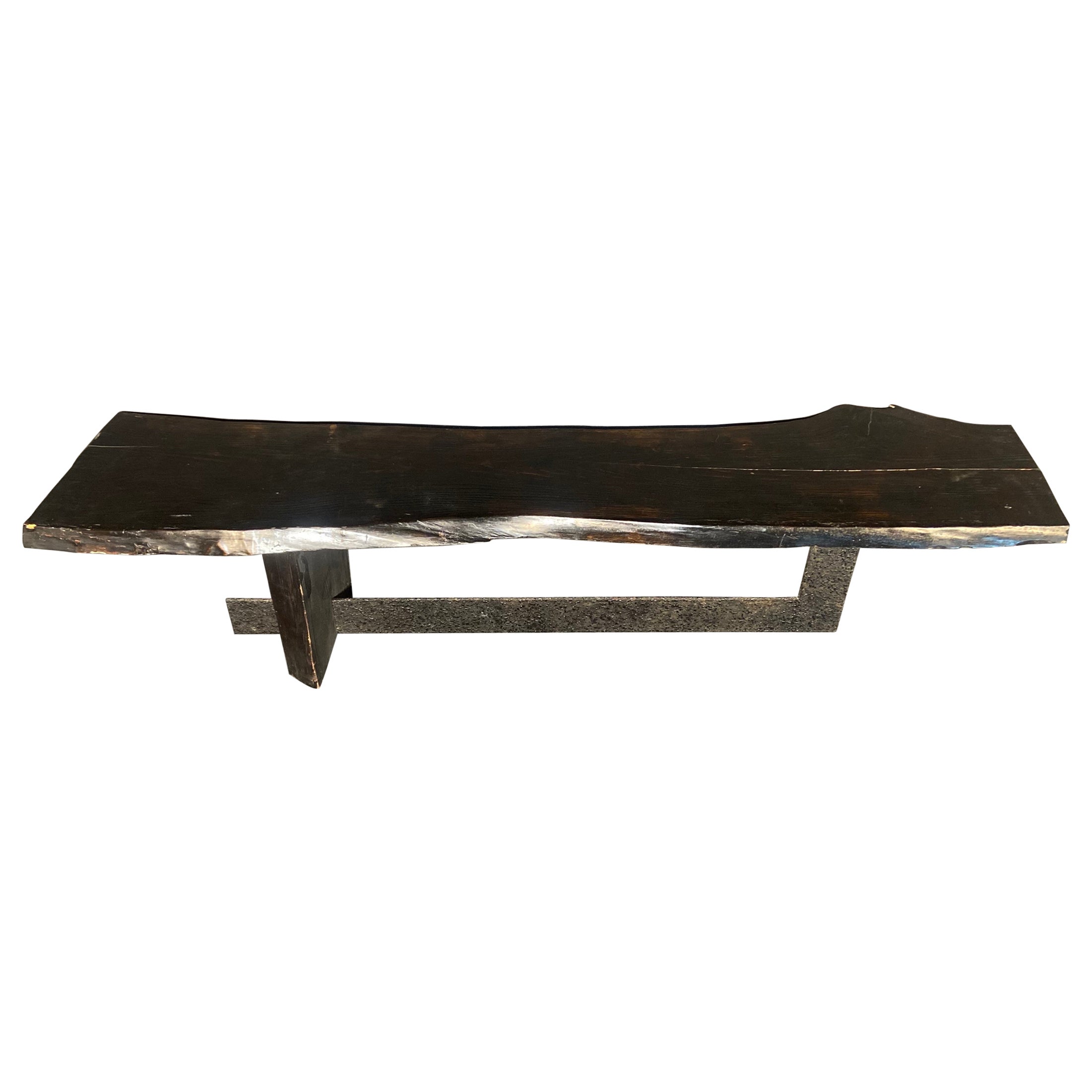 Banc en bois noir vintage français sur pieds en métal d'époque brutaliste
