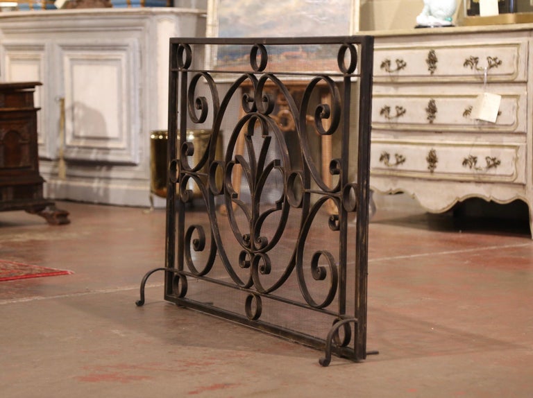 Vintage French Black Wrought Iron Fireplace Screen with Protective Mesh