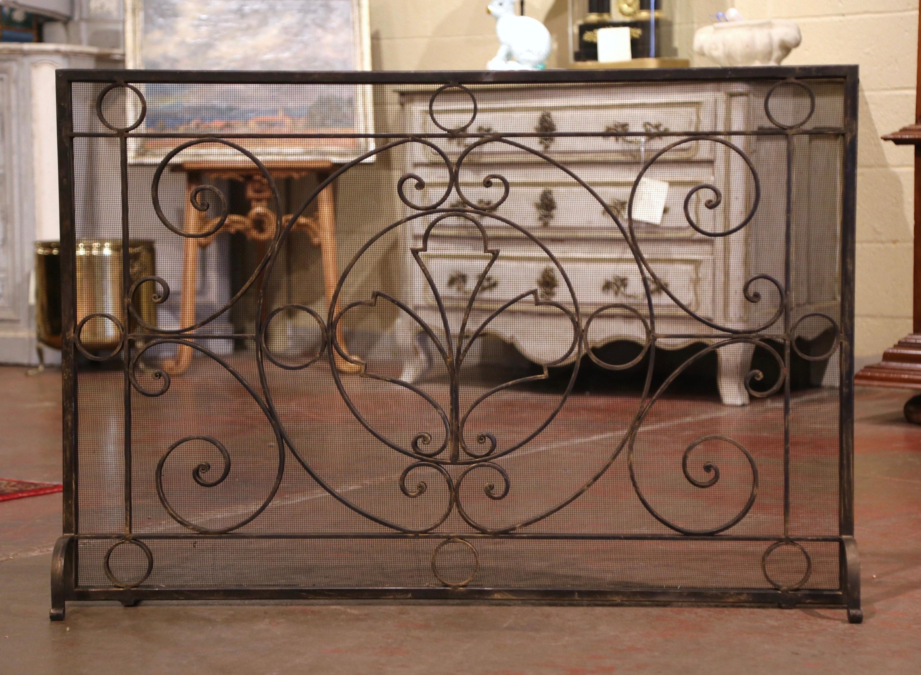 Gothic Vintage French Black Wrought Iron Fireplace Screen with Protective Mesh