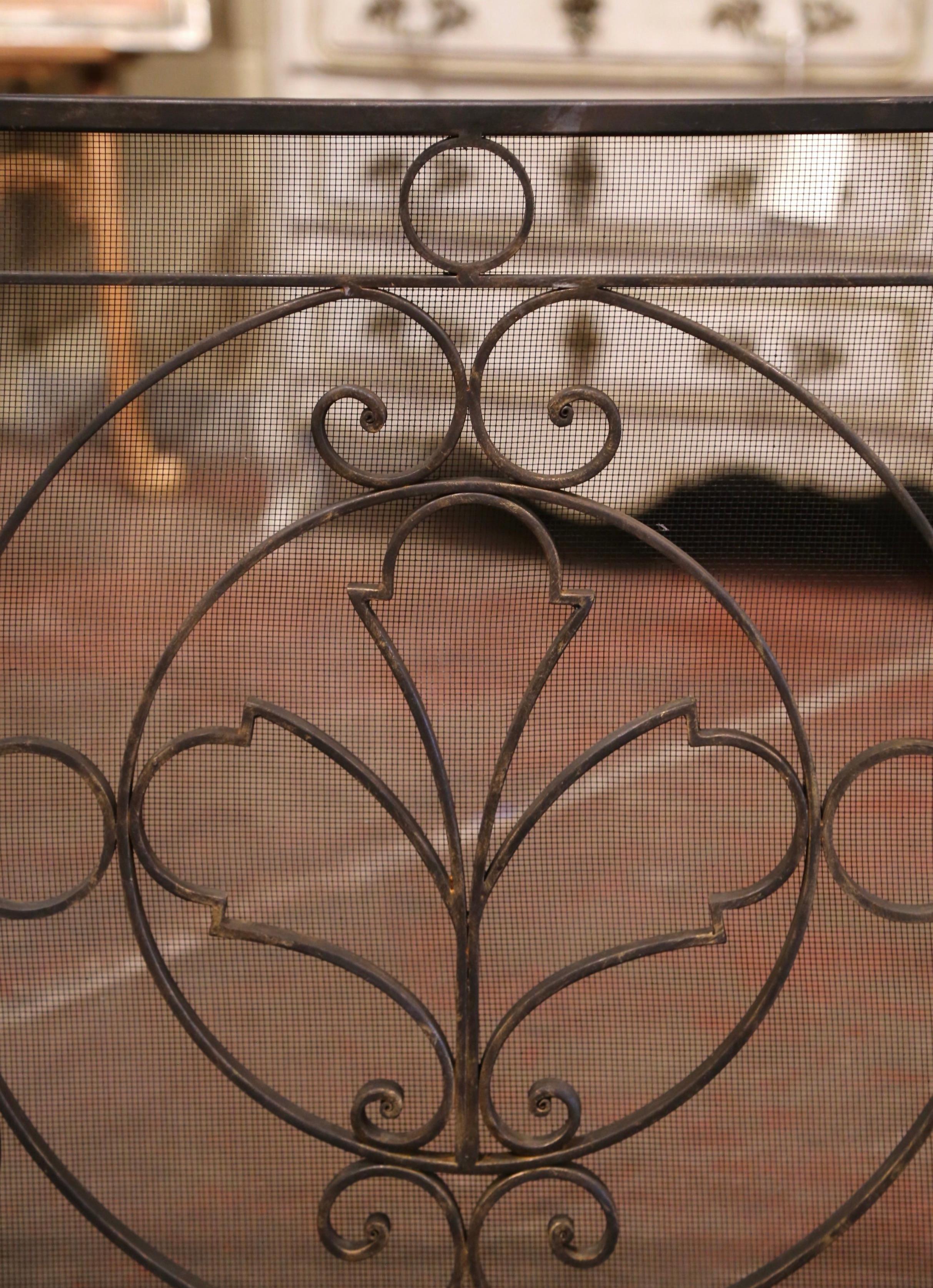Patinated Vintage French Black Wrought Iron Fireplace Screen with Protective Mesh