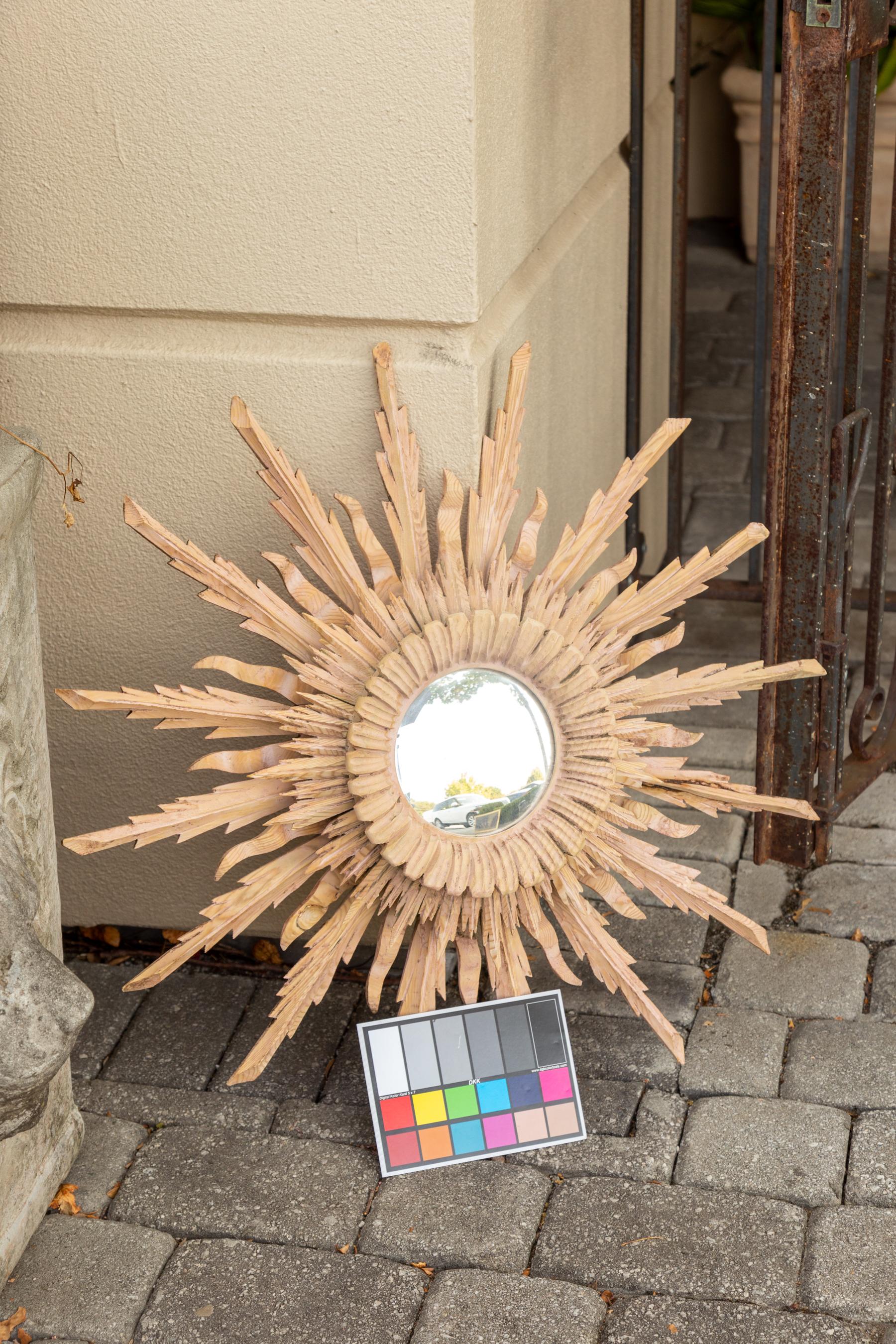 Vintage French Bleached Wood Midcentury Sunburst Mirror with Radiating Rays 7