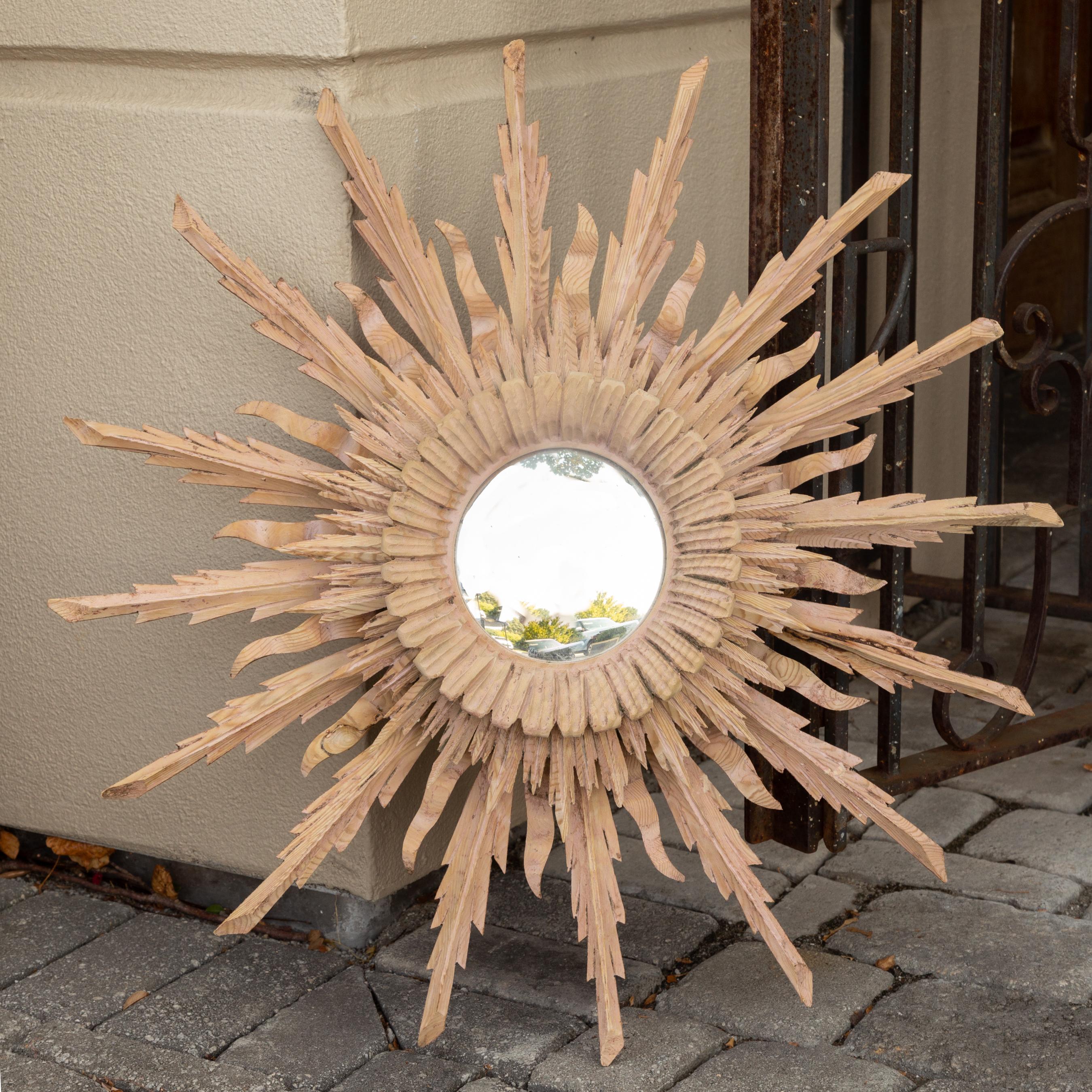 Vintage French Bleached Wood Midcentury Sunburst Mirror with Radiating Rays In Good Condition In Atlanta, GA