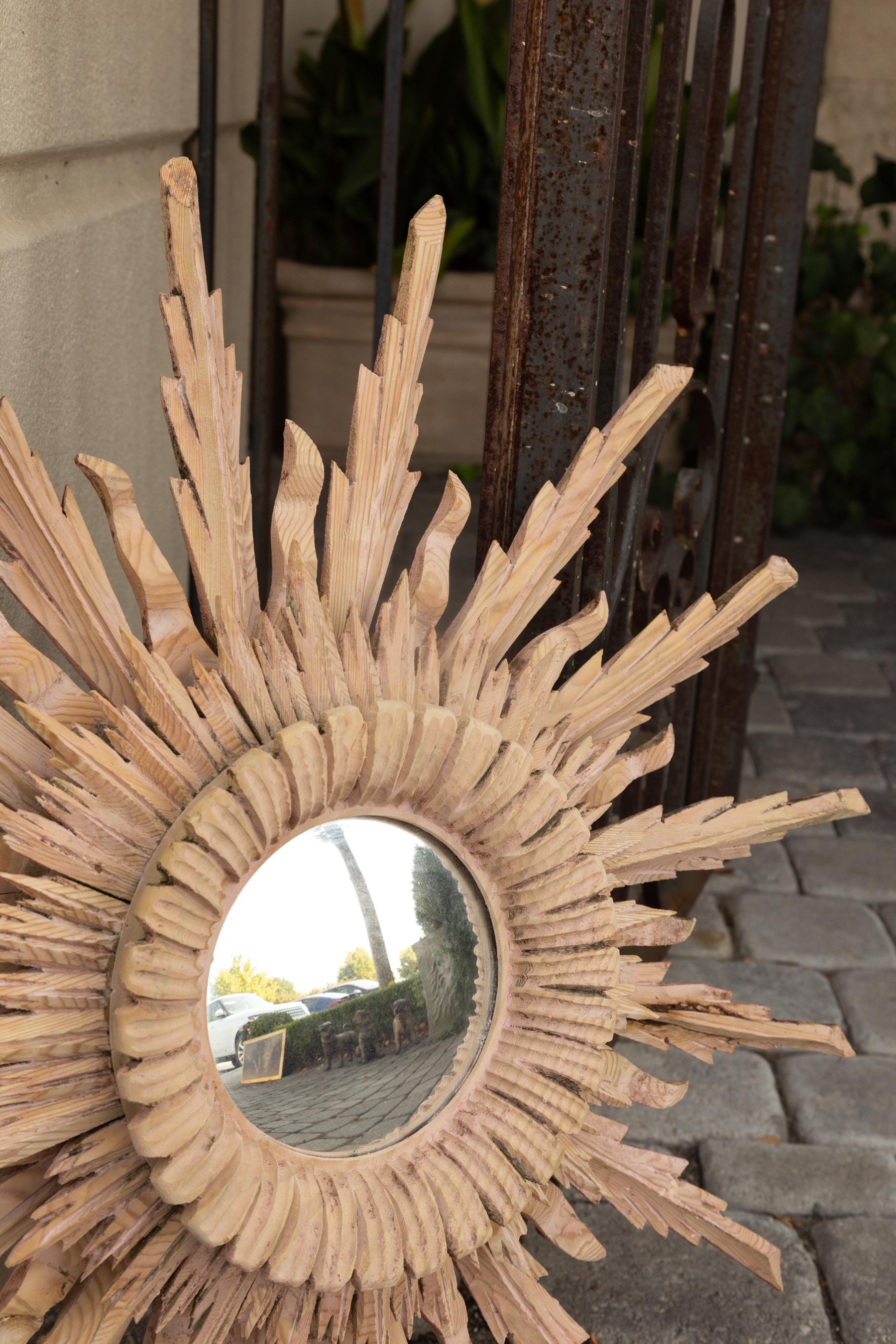 20th Century Vintage French Bleached Wood Midcentury Sunburst Mirror with Radiating Rays
