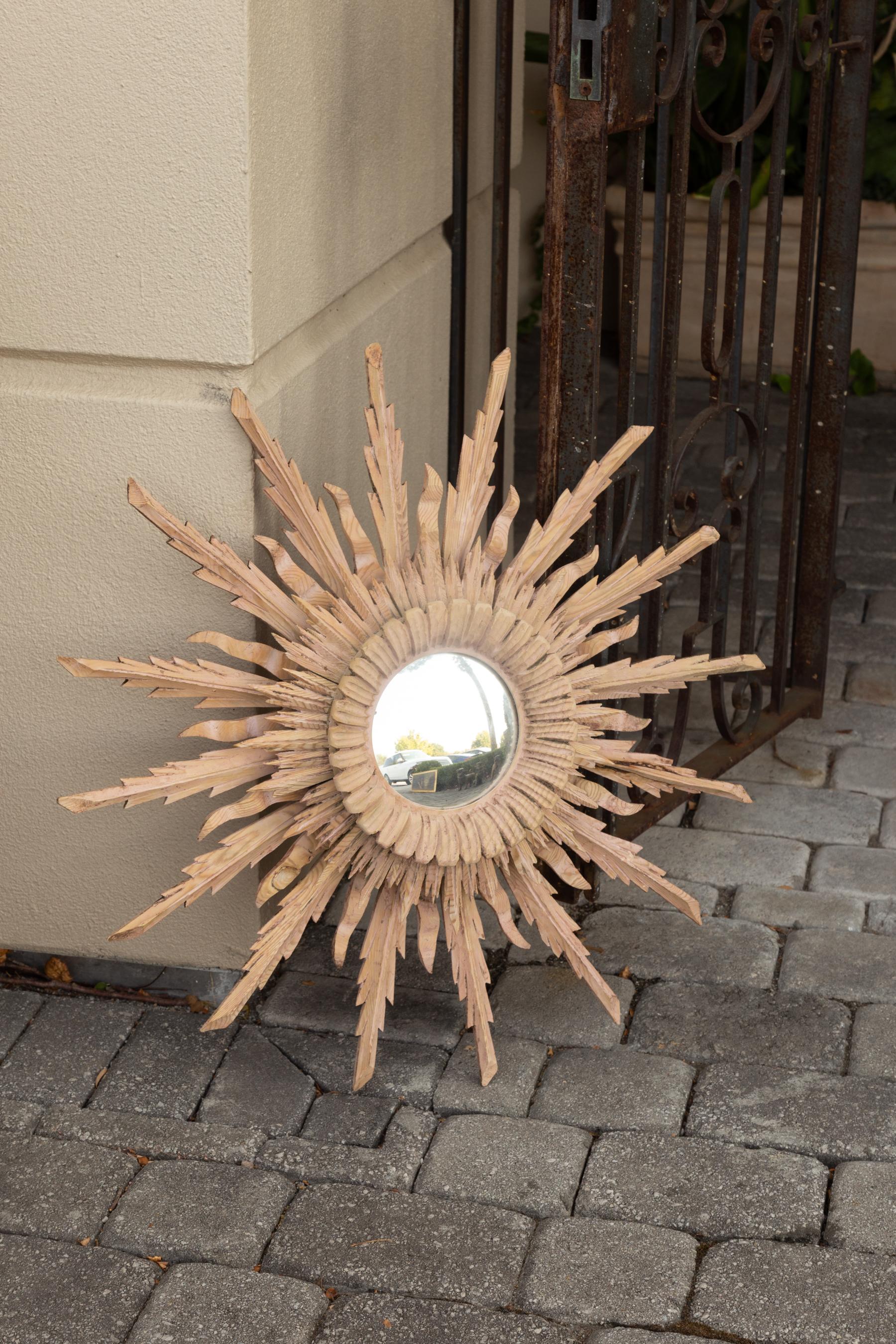 Vintage French Bleached Wood Midcentury Sunburst Mirror with Radiating Rays 2