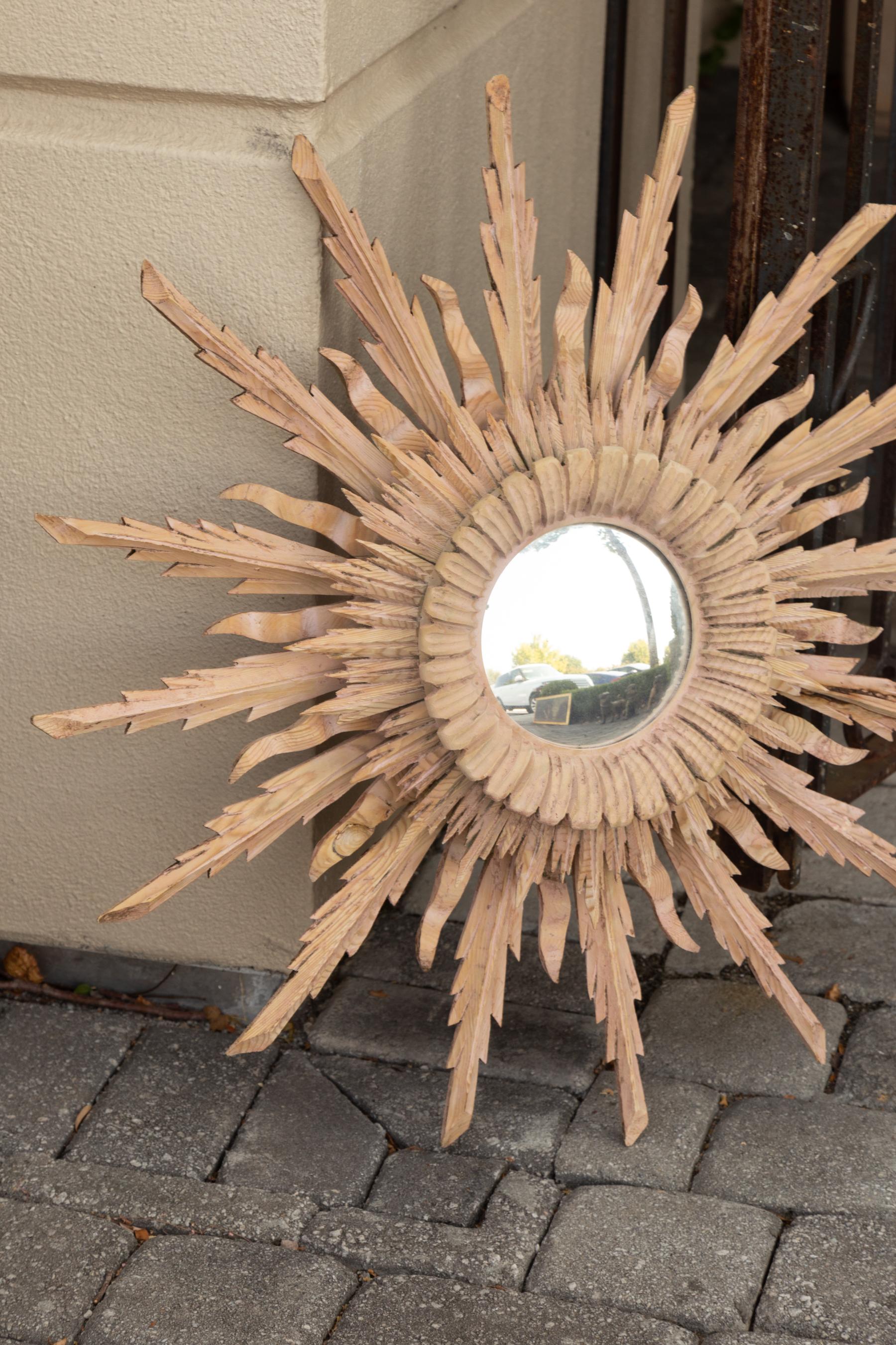 Vintage French Bleached Wood Midcentury Sunburst Mirror with Radiating Rays 3