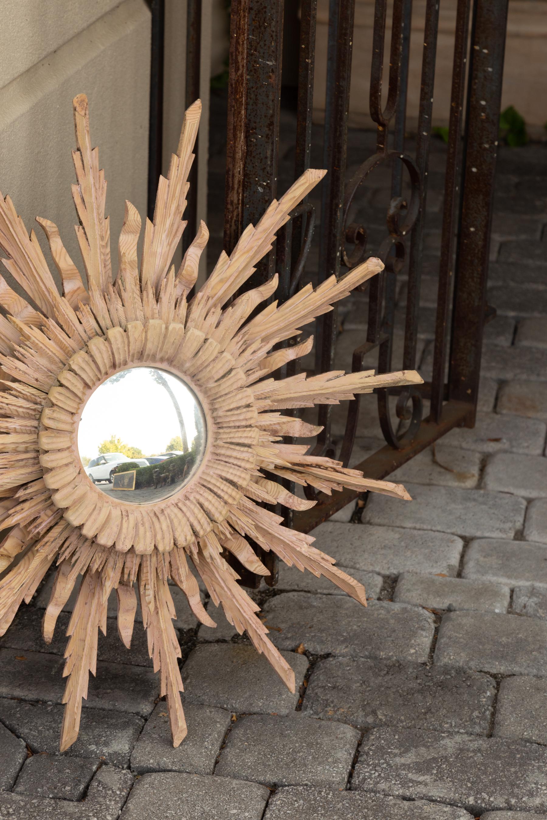 Vintage French Bleached Wood Midcentury Sunburst Mirror with Radiating Rays 4