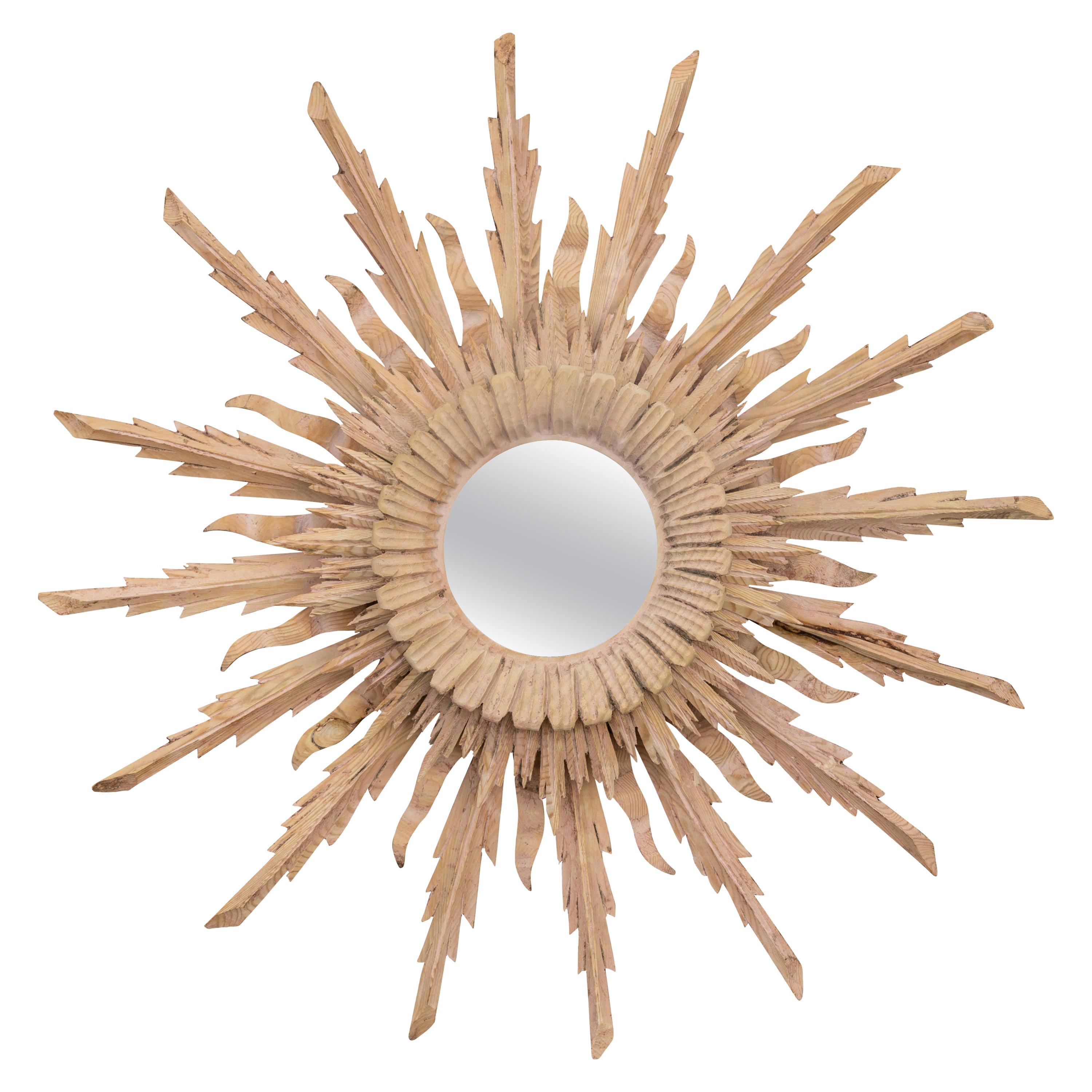 Vintage French Bleached Wood Midcentury Sunburst Mirror with Radiating Rays