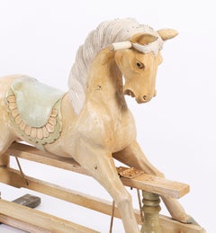 Vintage French Blond Polychromed Rocking Horse Mid 20th Century