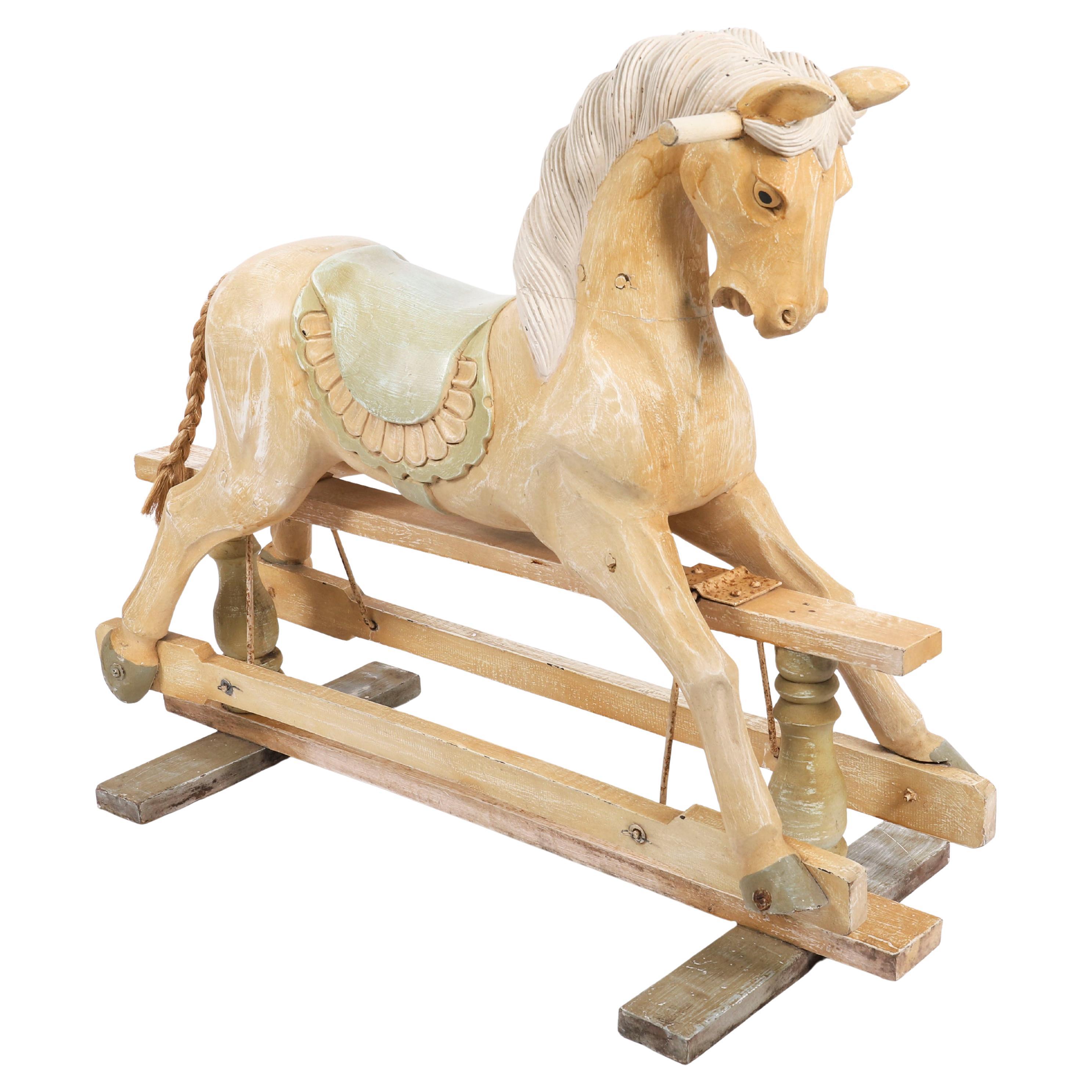 Vintage French Blond Polychromed Rocking Horse Mid 20th Century