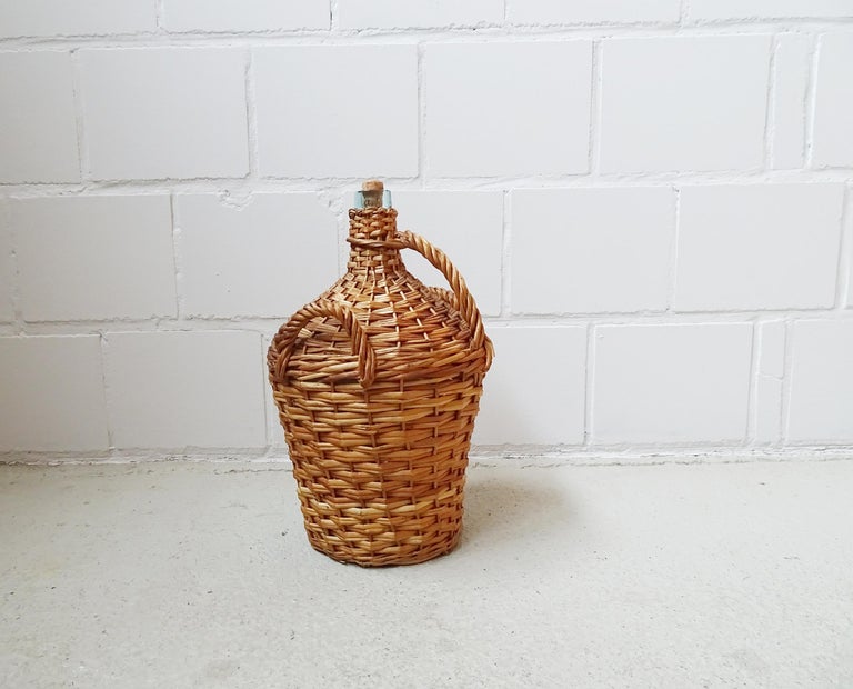Vintage French Blown Glass Wine Bottle Demijohn in Basket, 1950s For