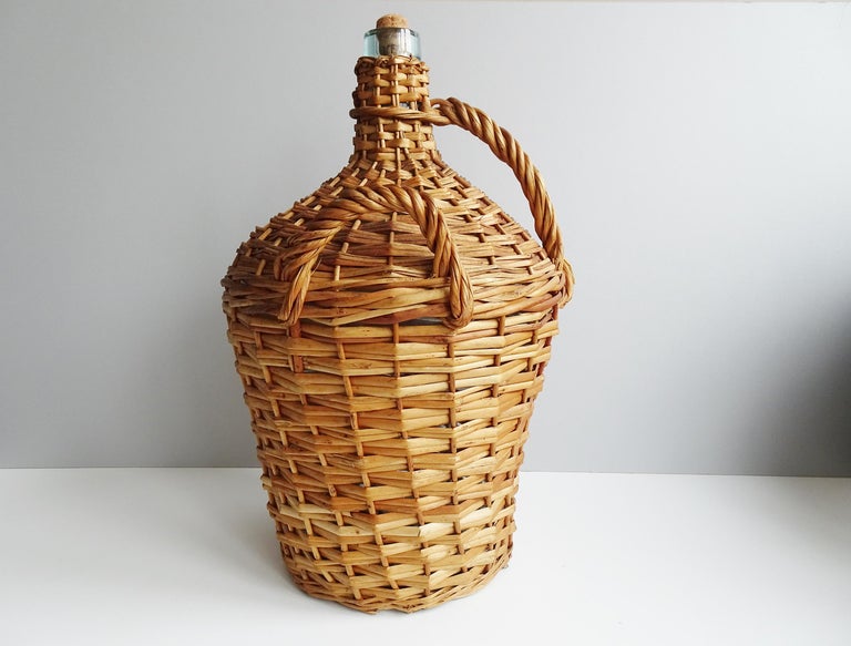 Vintage French Blown Glass Wine Bottle Demijohn in Basket, 1950s For