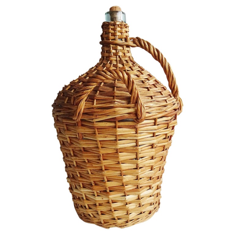 Vintage French Blown Glass Wine Bottle Demijohn in Basket, 1950s For