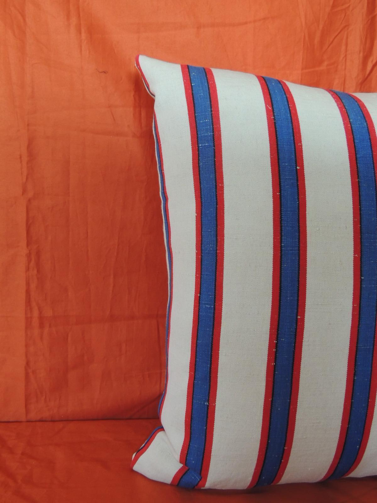 1940s French awning stripes linen pillow in red, blue and natural with natural linen backing.
Pillow handmade and designed in the USA. Closure by stitch (no zipper) with custom made pillow insert.
Size: 19 x 19 x 6.