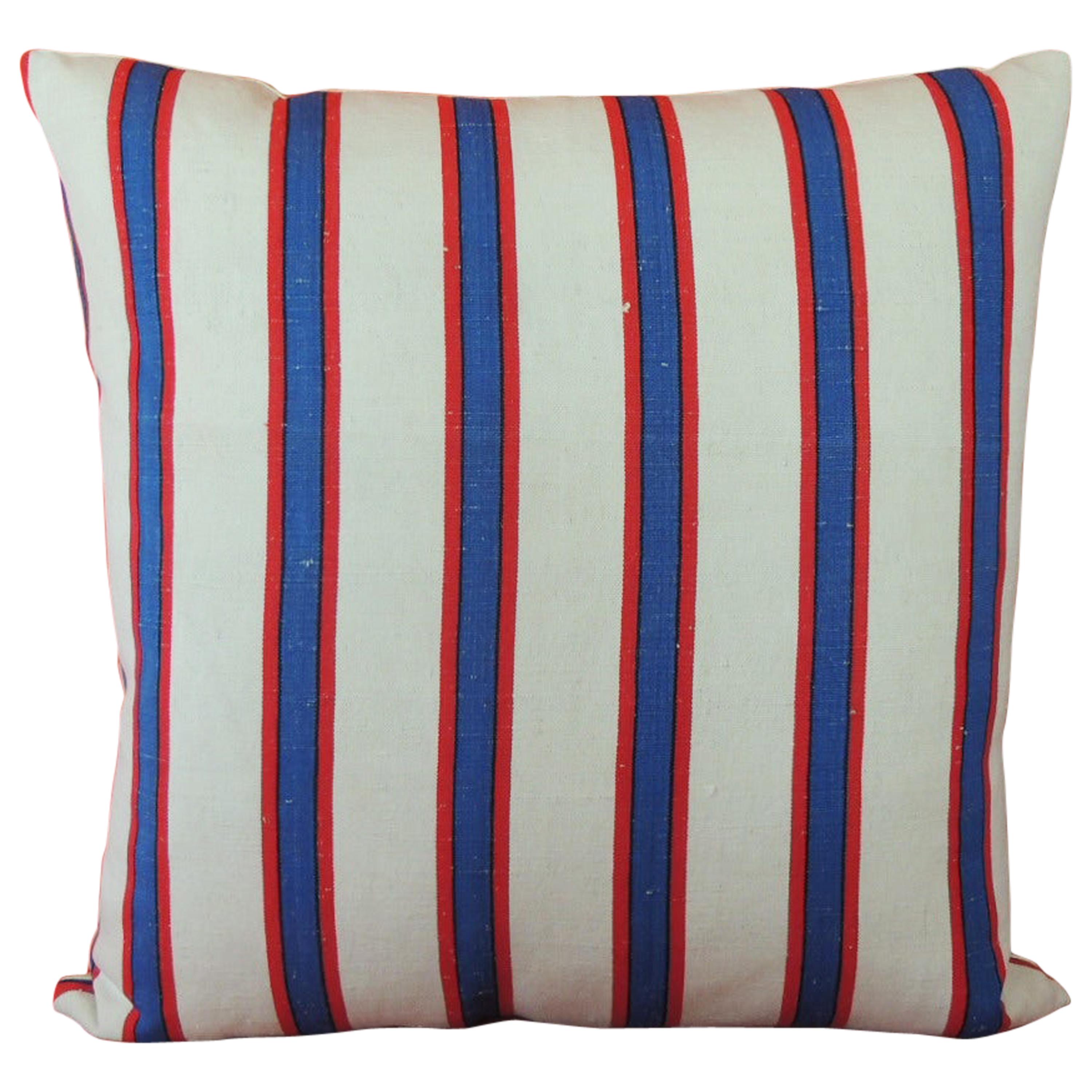 Vintage French Blue and Red Stripes Decorative Pillow