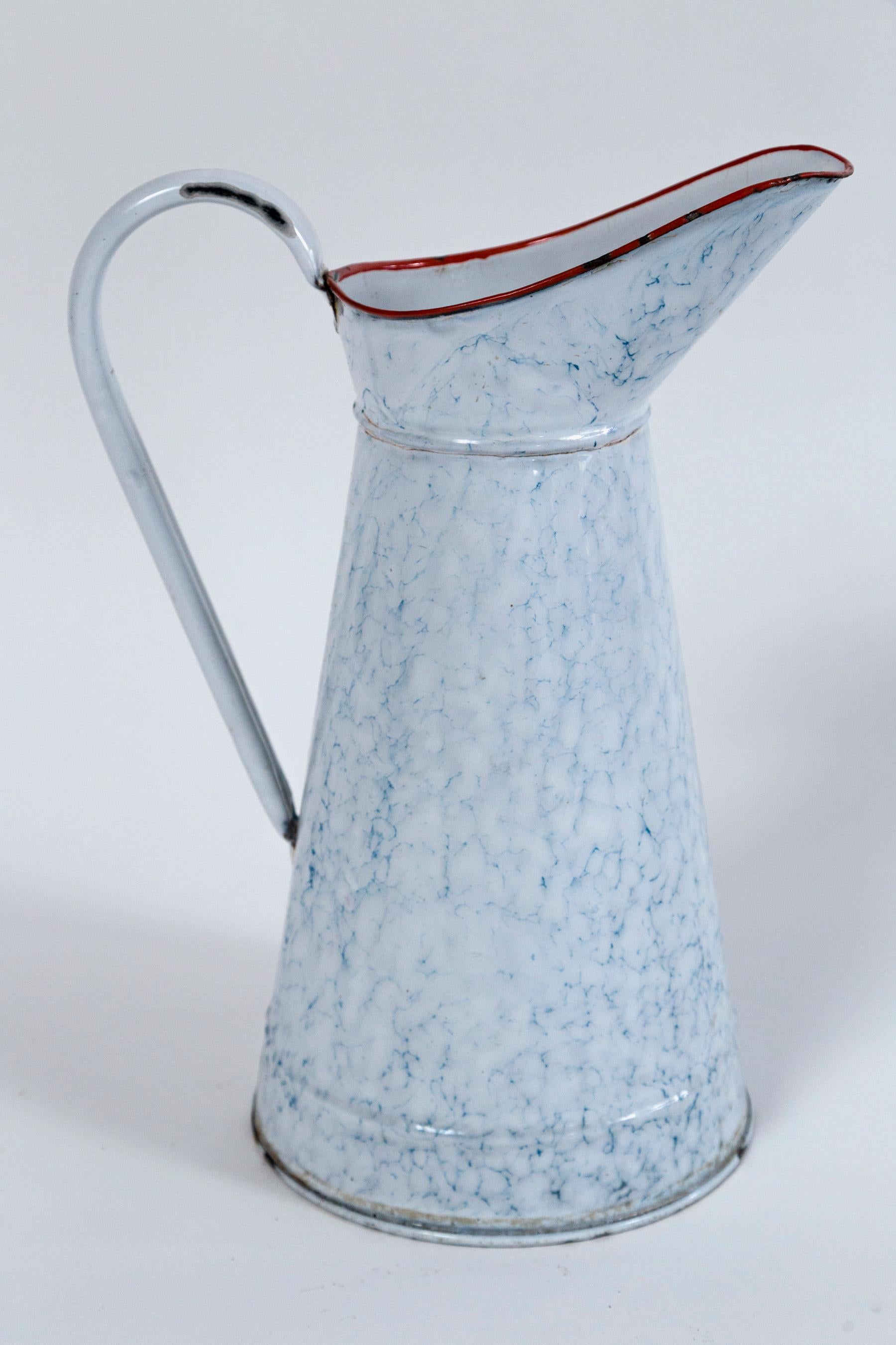 French Provincial Vintage French Blue and White Enamelware Pitcher, circa 1920's