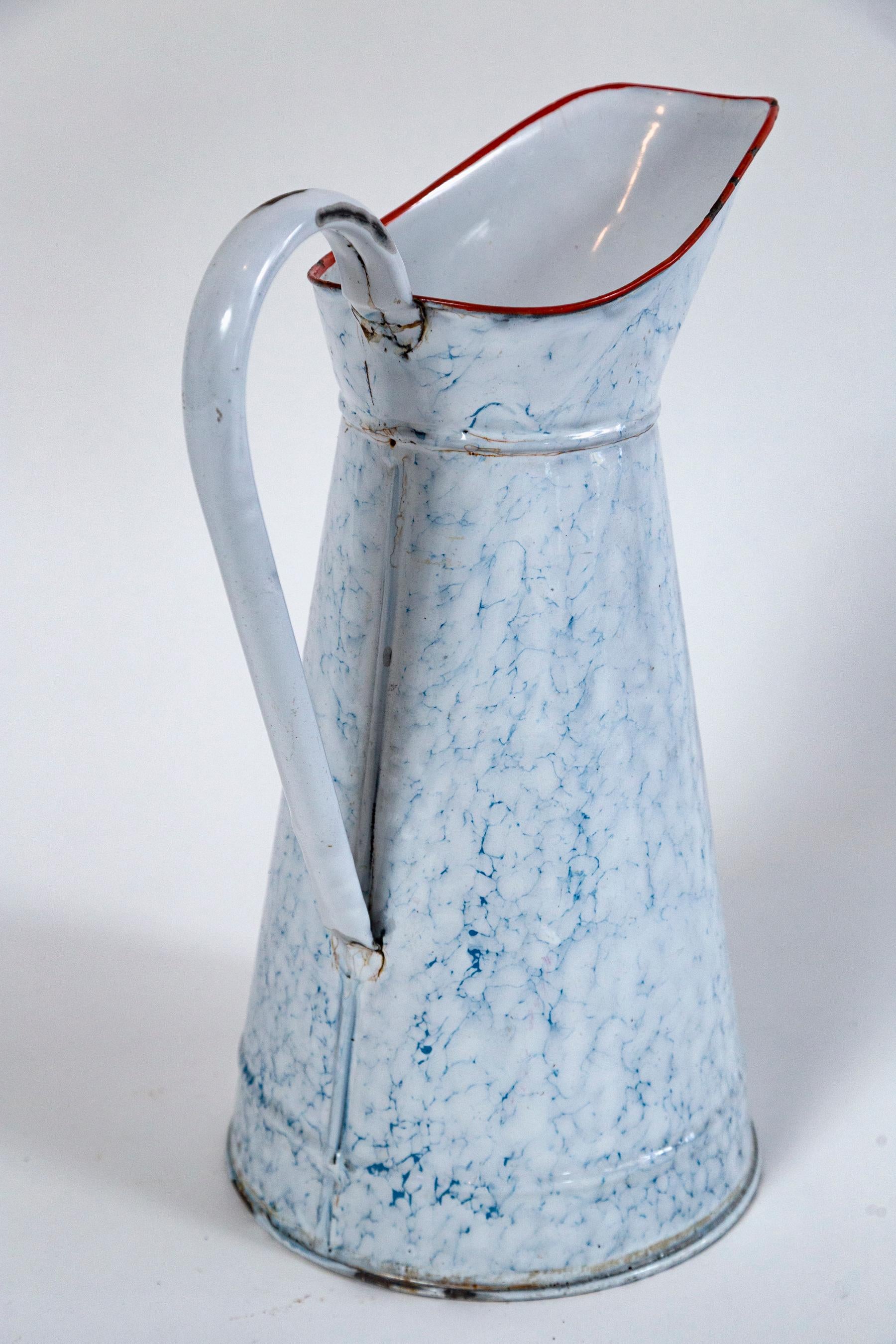 Enameled Vintage French Blue and White Enamelware Pitcher, circa 1920's