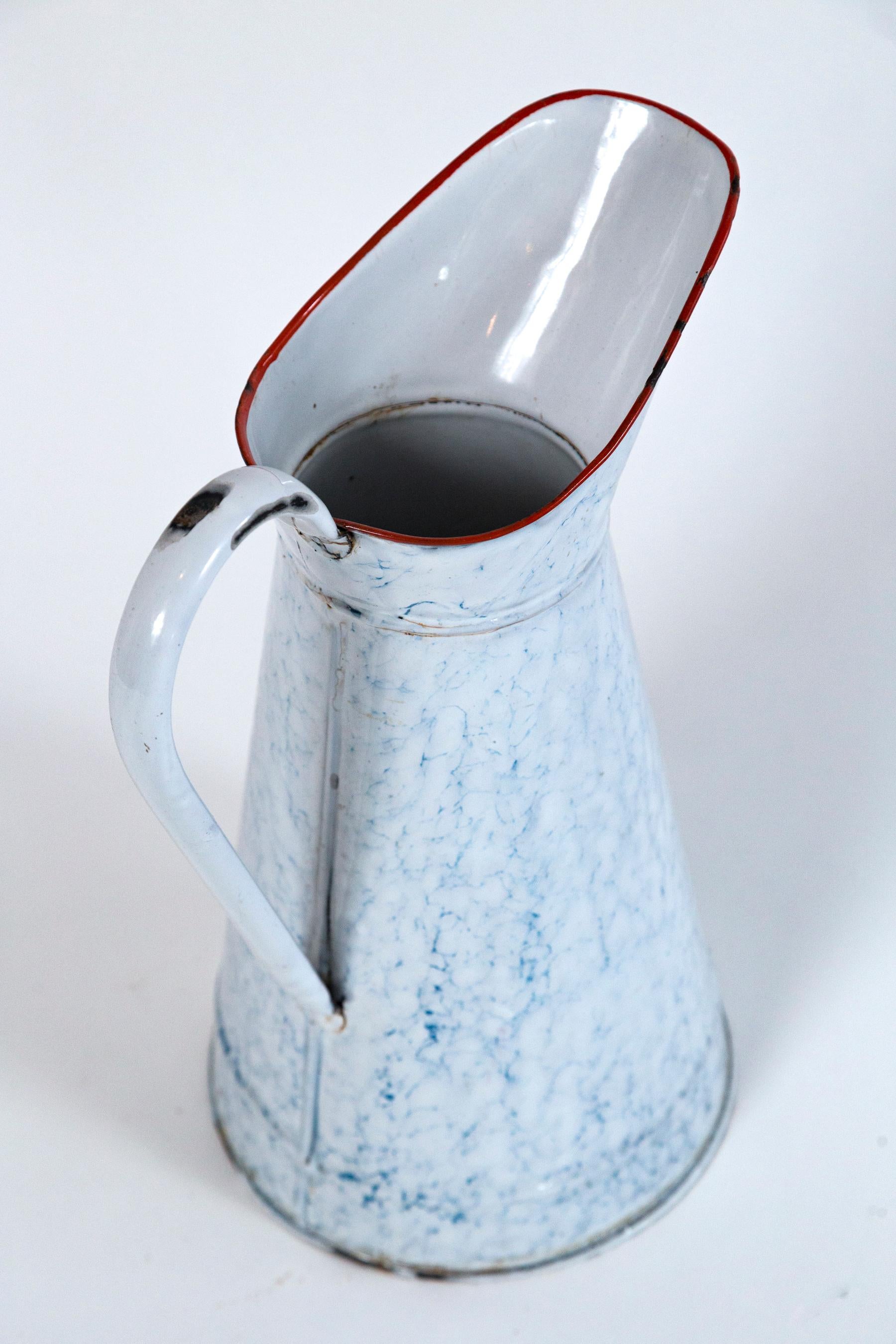 Vintage French Blue and White Enamelware Pitcher, circa 1920's In Good Condition In Chappaqua, NY